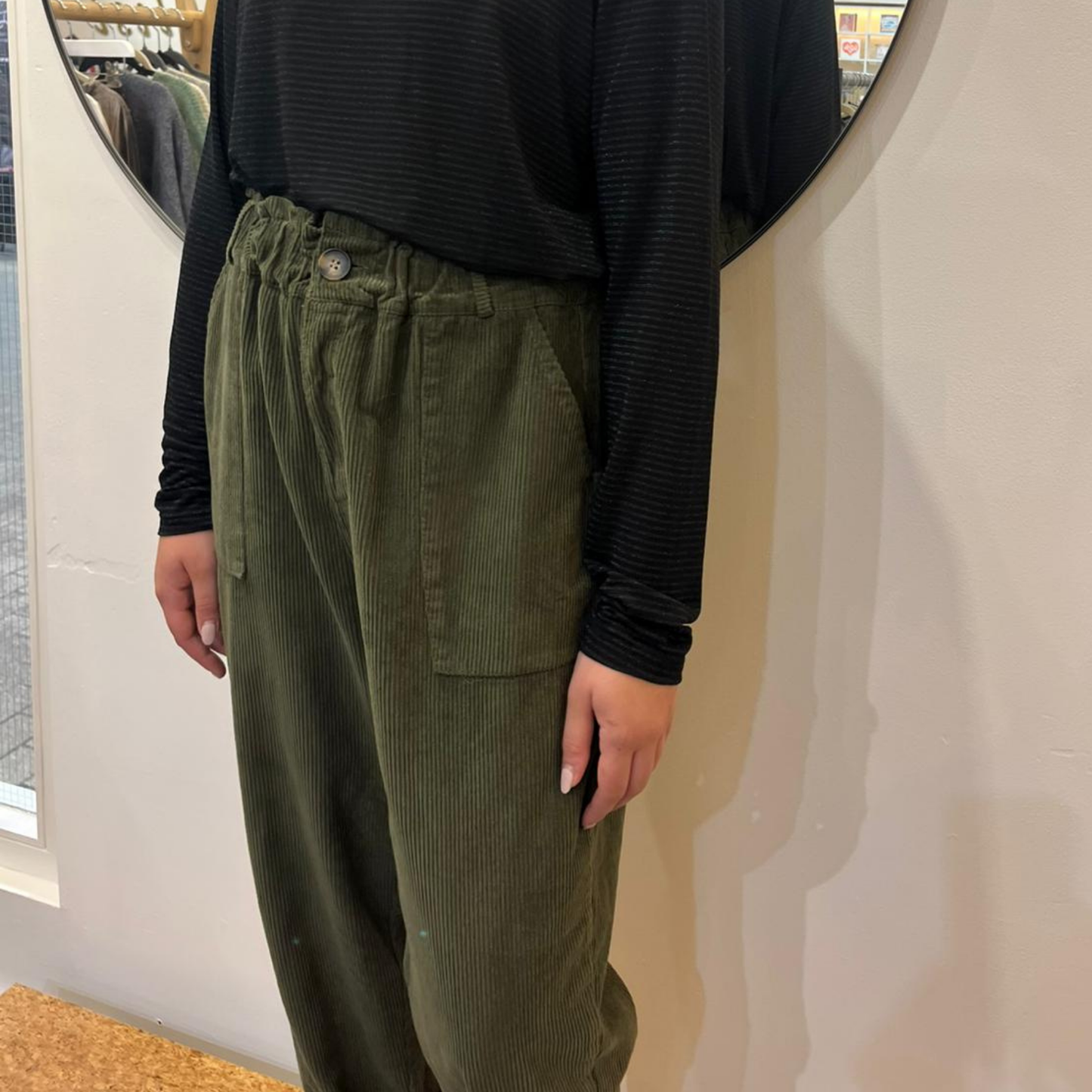 Corduroy Trousers with Button - Khaki Green