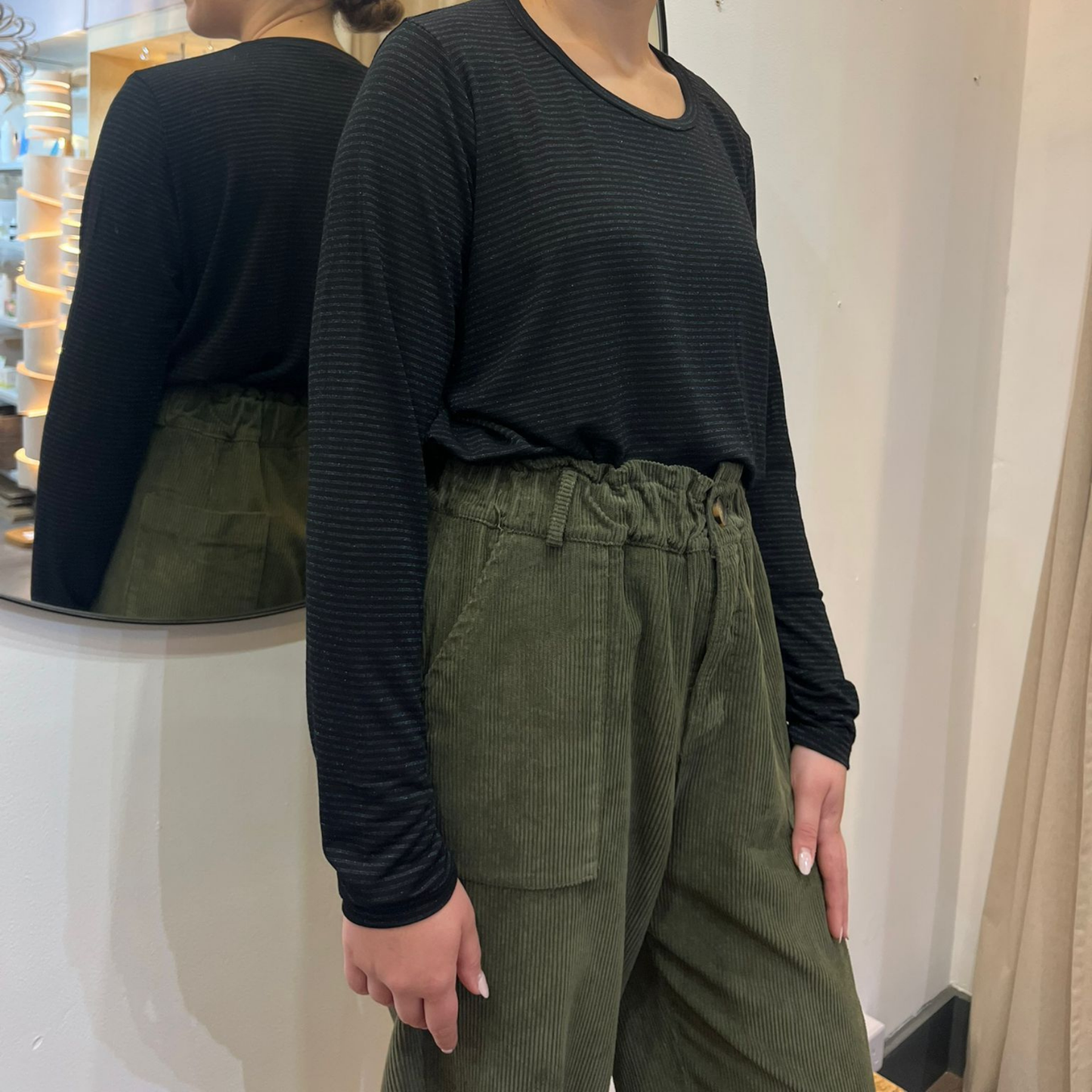 Corduroy Trousers with Button - Khaki Green