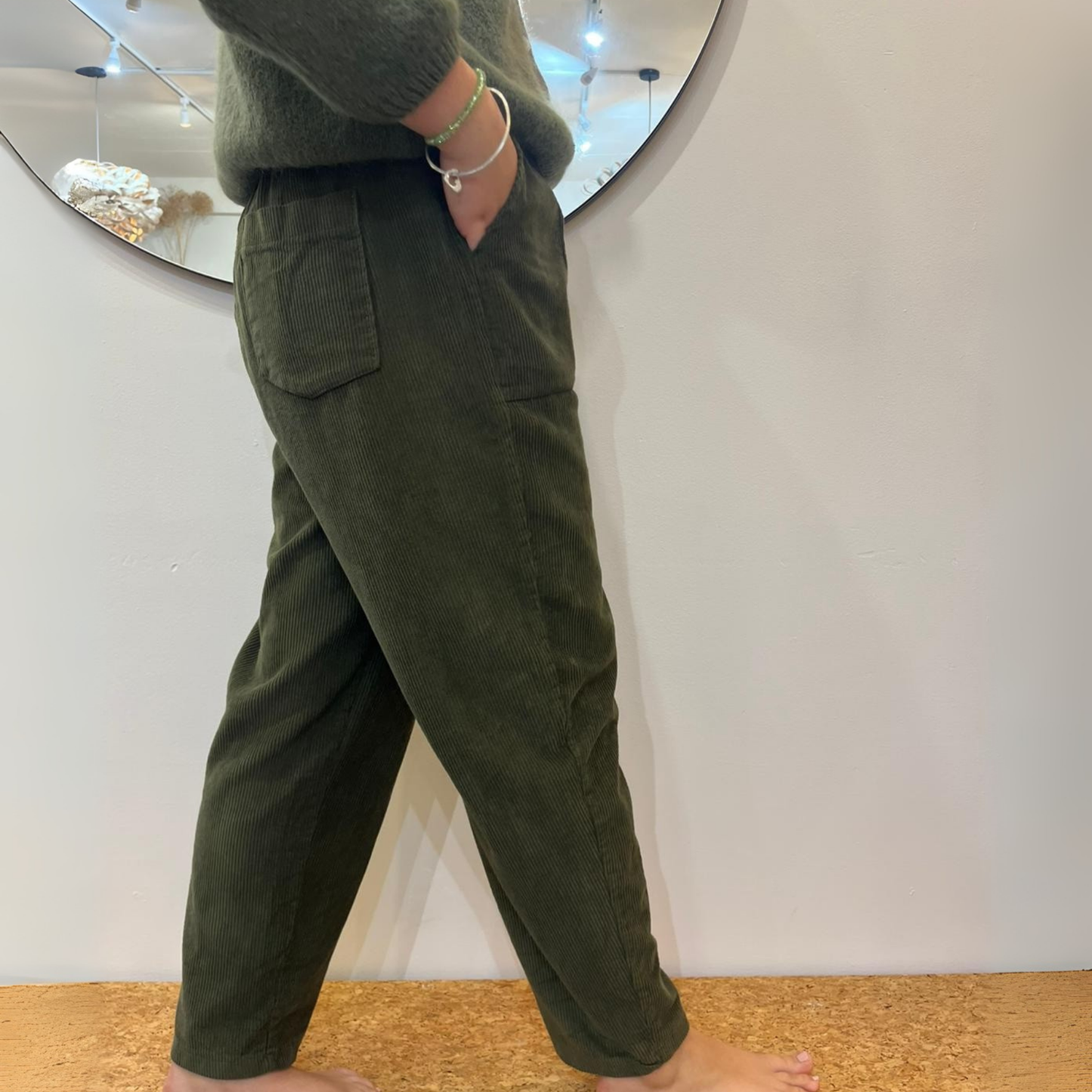 Corduroy Trousers with Button - Khaki Green