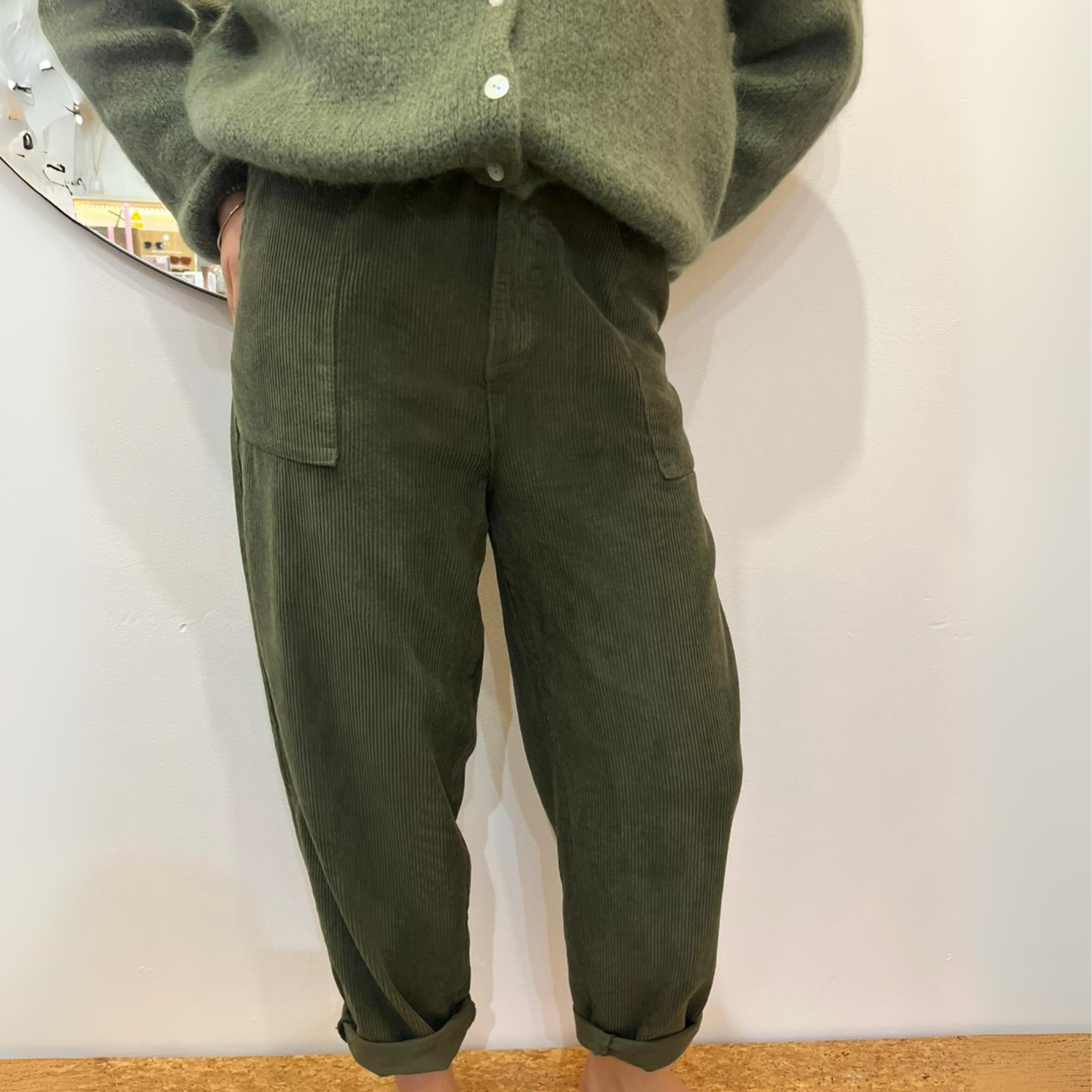 Corduroy Trousers with Button - Khaki Green