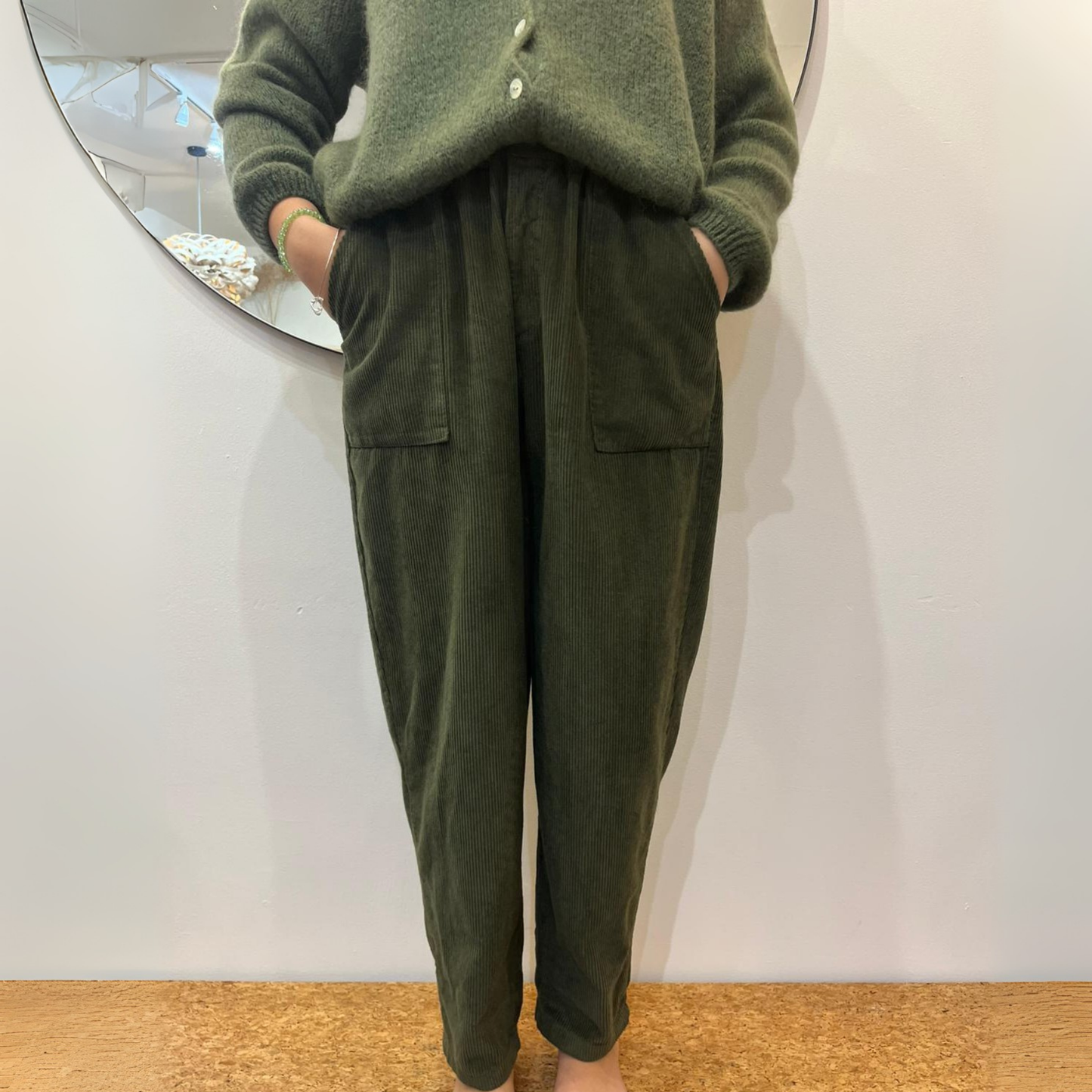Corduroy Trousers with Button - Khaki Green