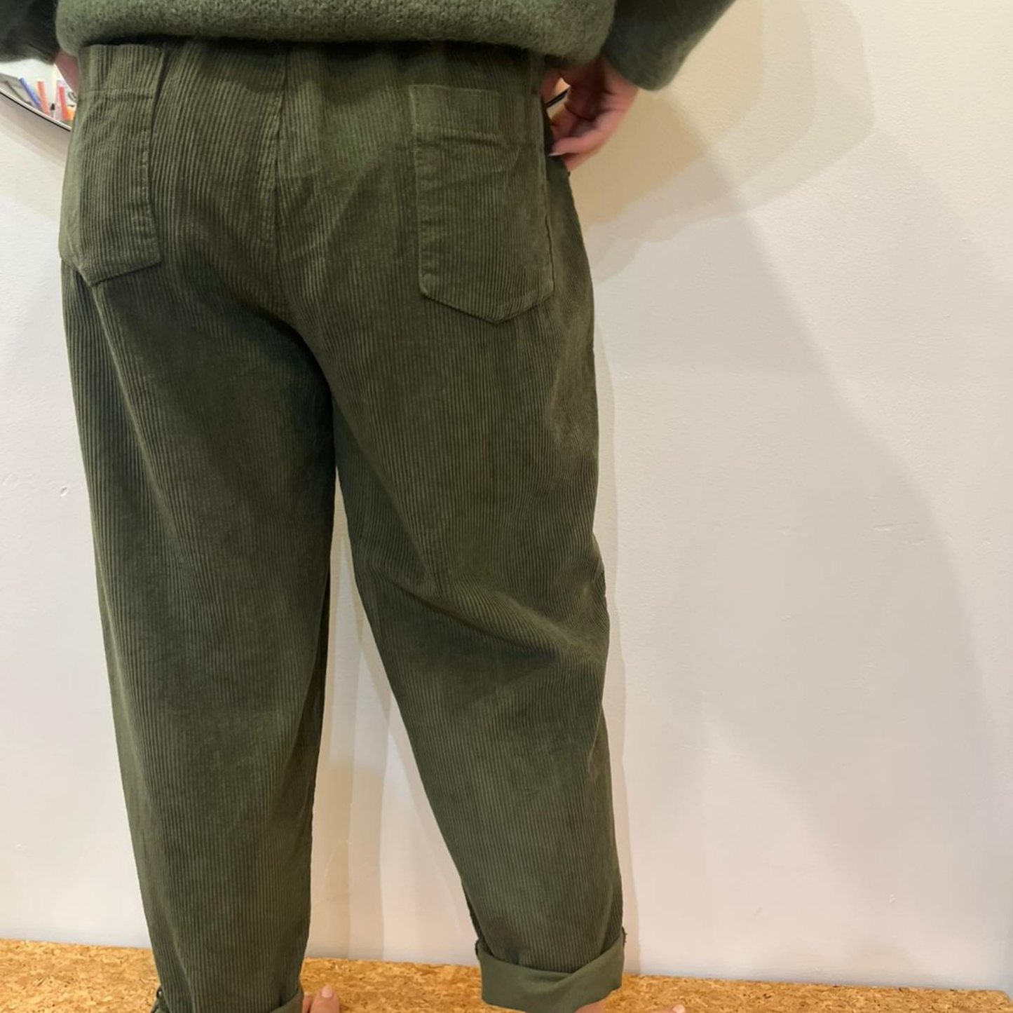 Corduroy Trousers with Button - Khaki Green