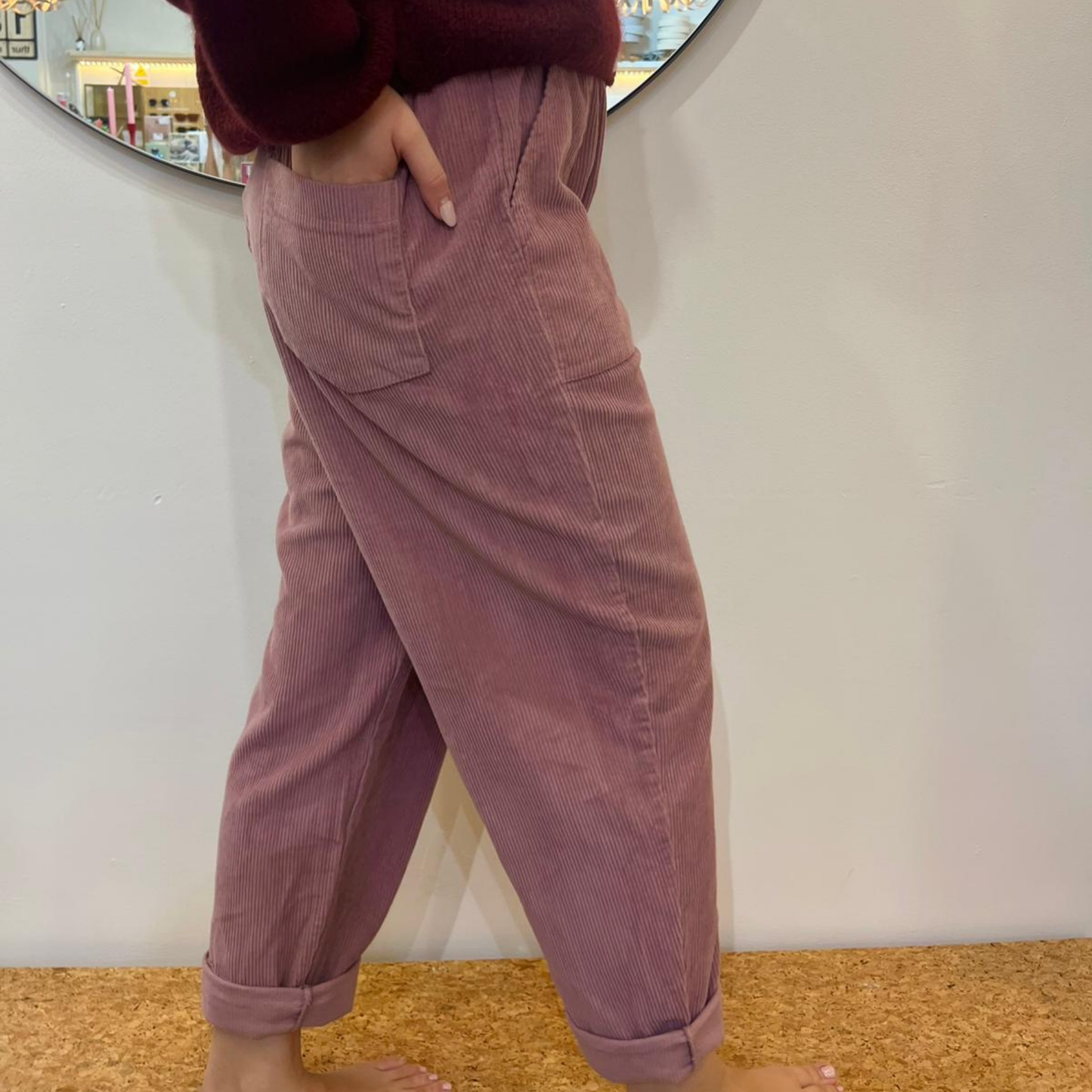 Corduroy Trousers with Button - Dusty Rose
