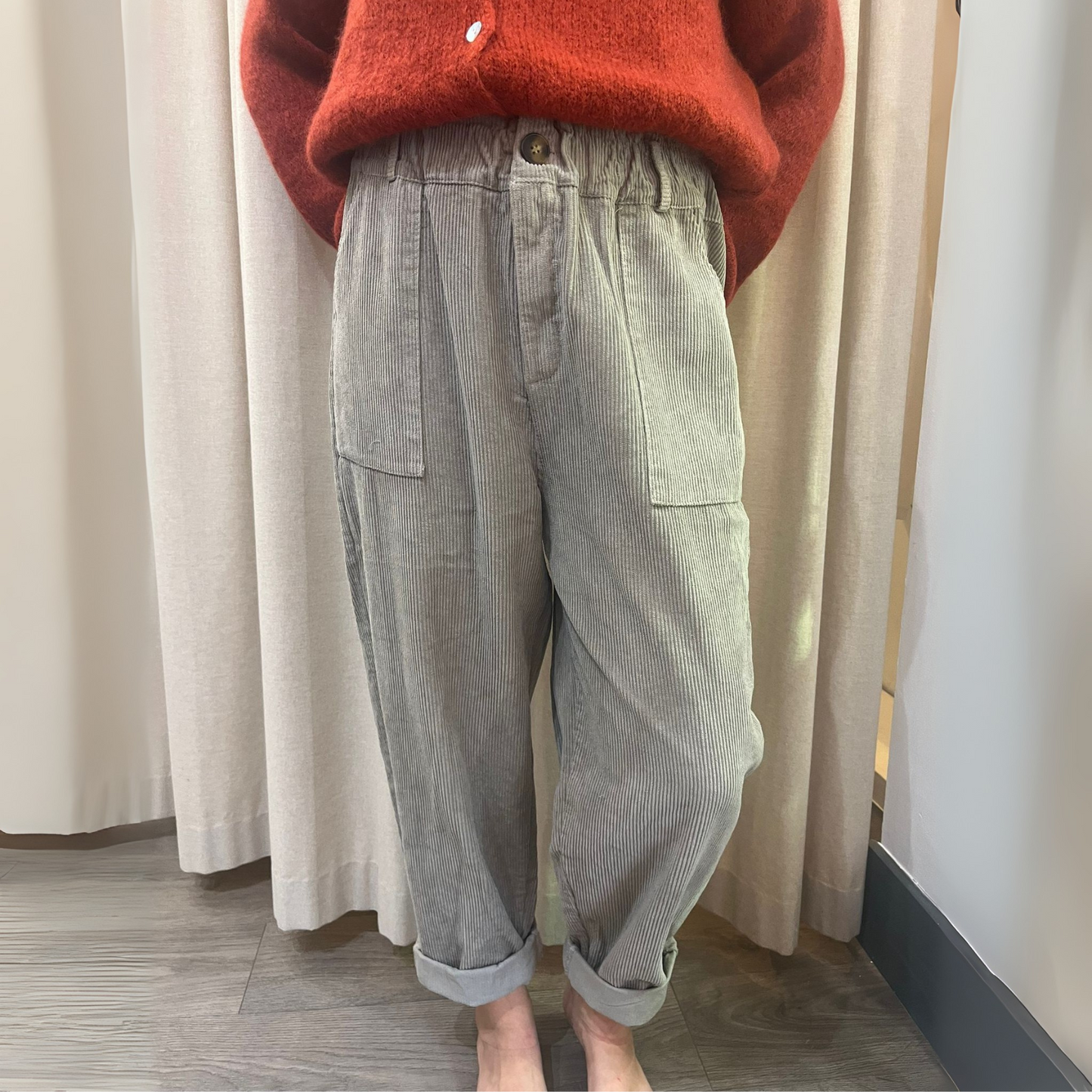 Corduroy Trousers with Button - Taupe