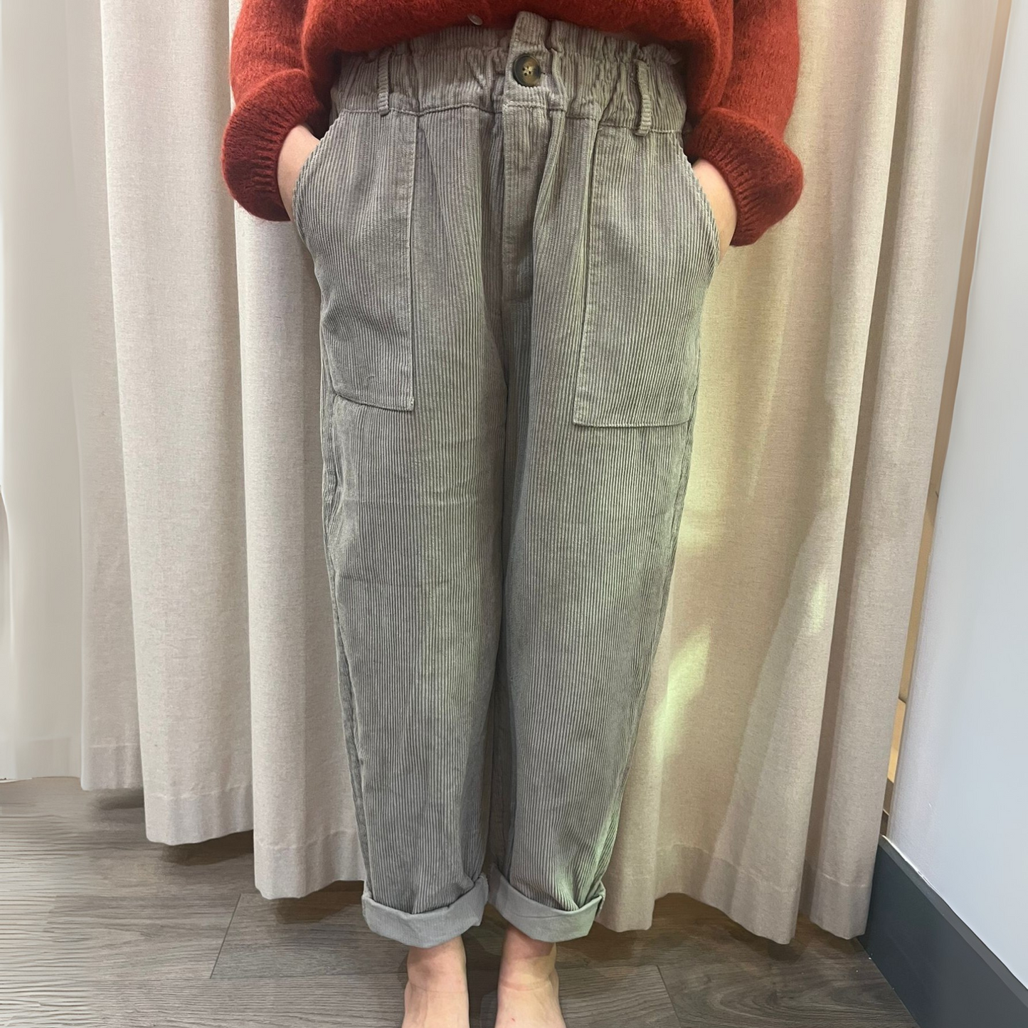 Corduroy Trousers with Button - Taupe