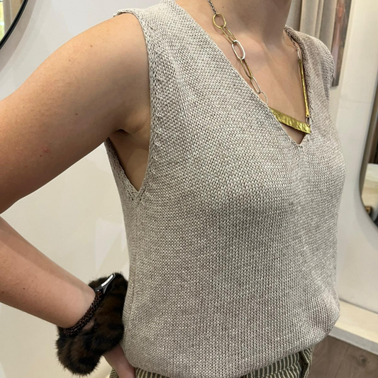 Cotton Blend V-Neck Sleeveless Top - Taupe