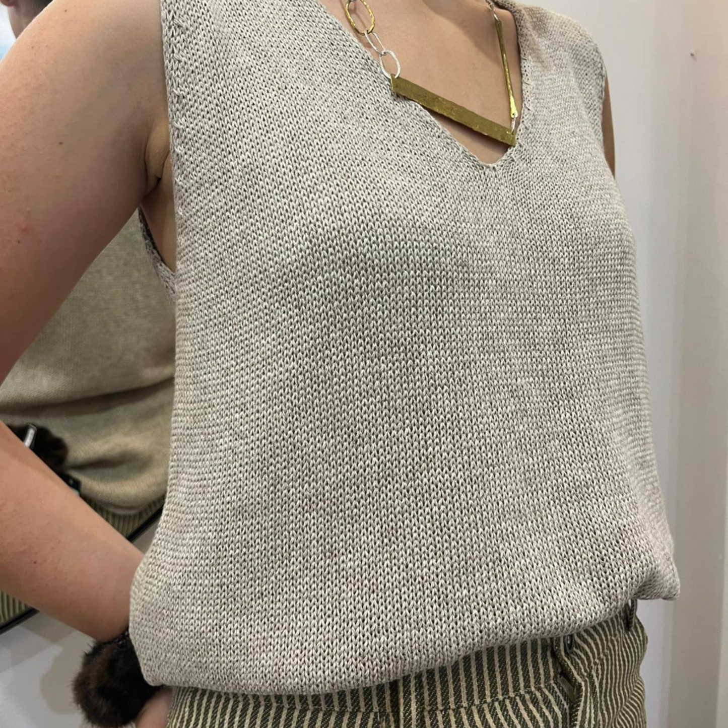Cotton Blend V-Neck Sleeveless Top - Taupe