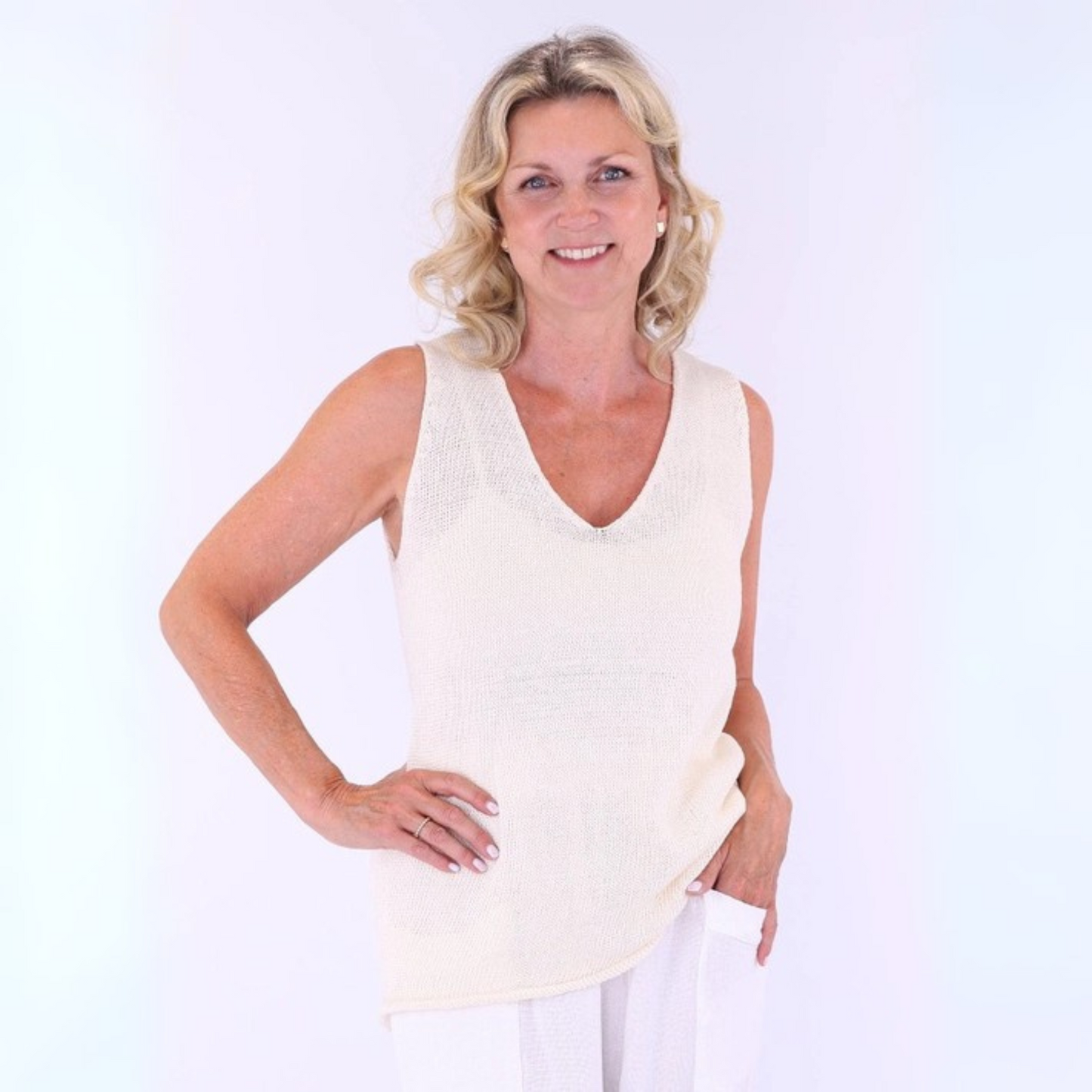 Cotton Blend V-Neck Sleeveless Top - Cream