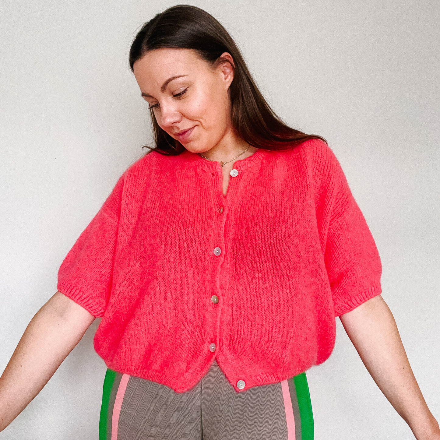 Mohair Blend Cropped Sleeve Cardigan - Coral Pink