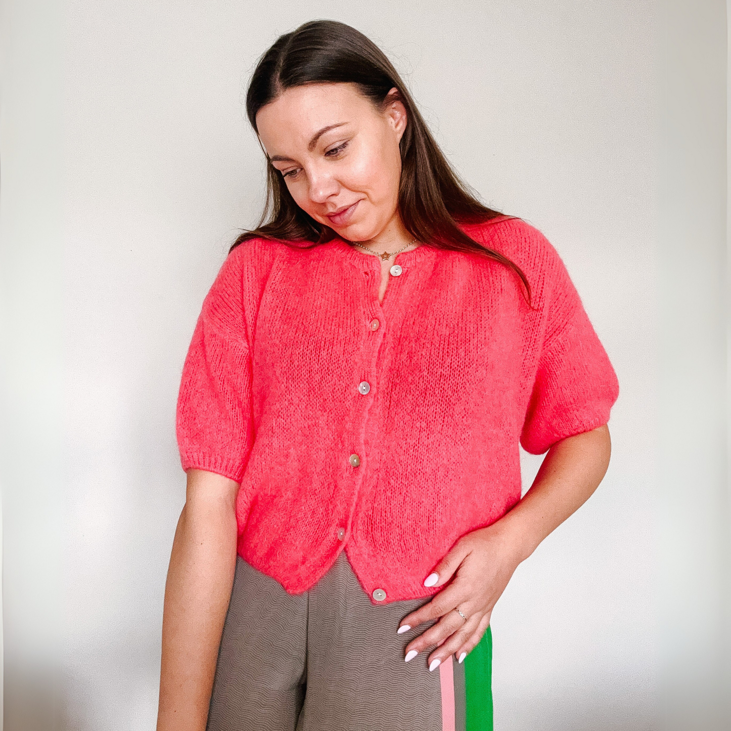 Mohair Blend Cropped Sleeve Cardigan - Coral Pink