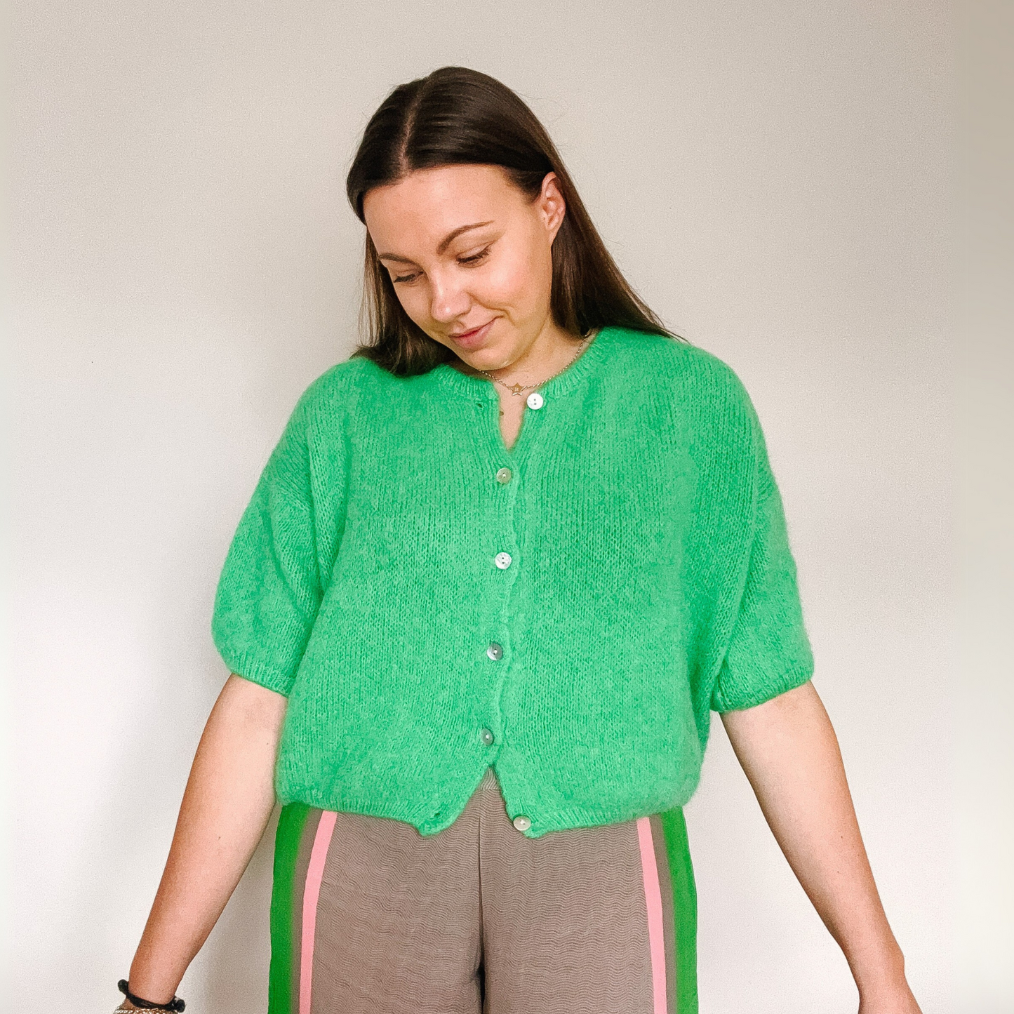 Mohair Blend Cropped Sleeve Cardigan - Emerald Green