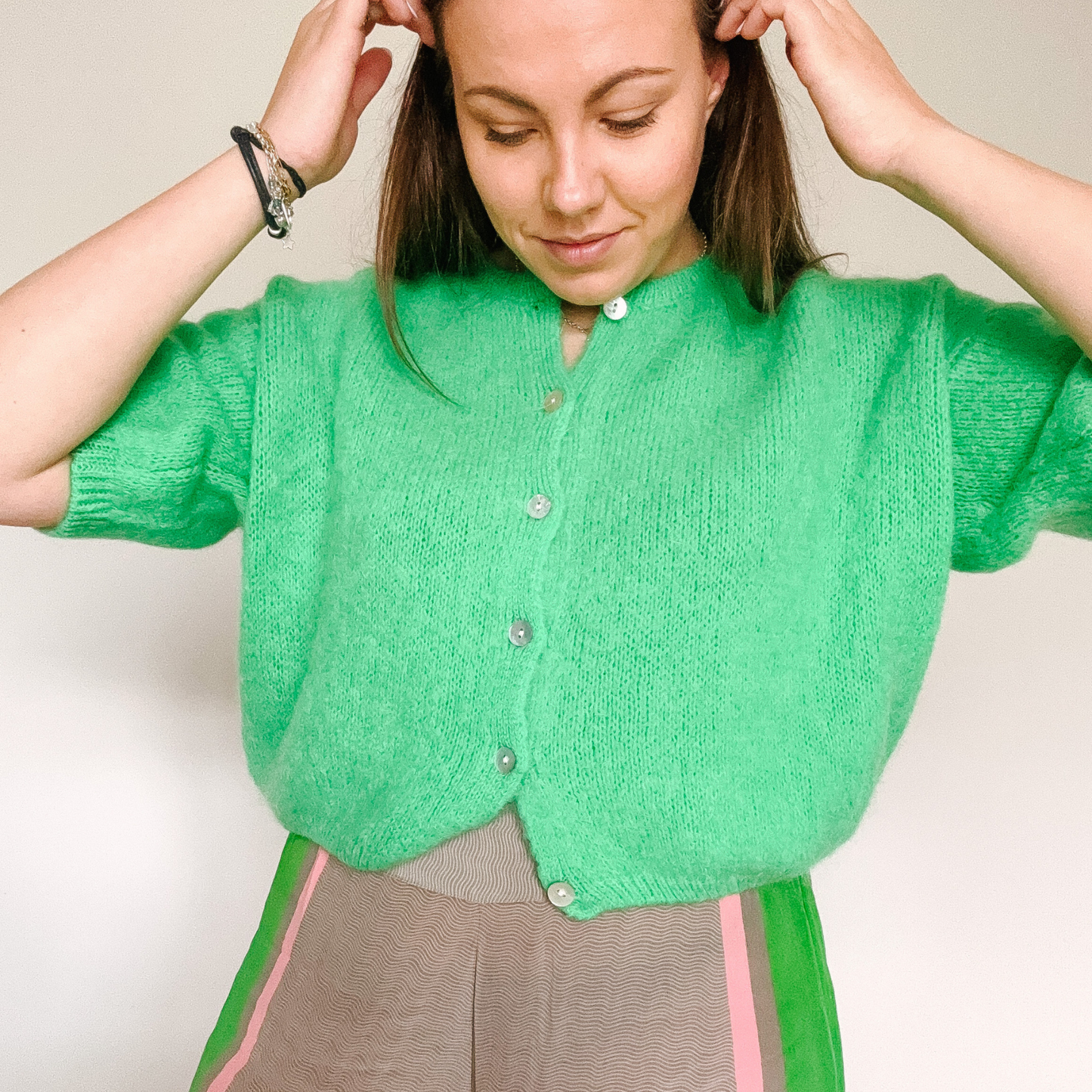 Mohair Blend Cropped Sleeve Cardigan - Emerald Green
