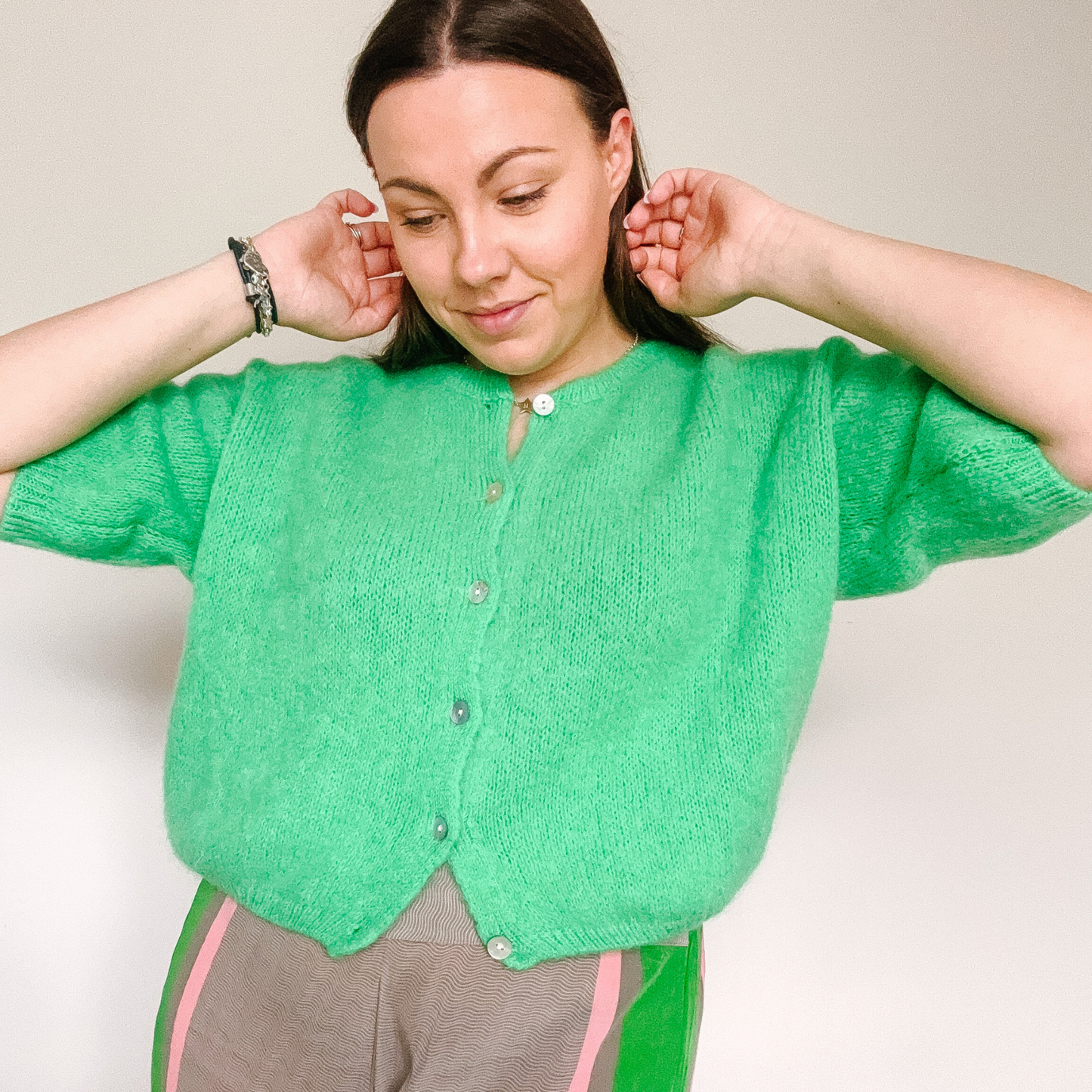 Mohair Blend Cropped Sleeve Cardigan - Emerald Green