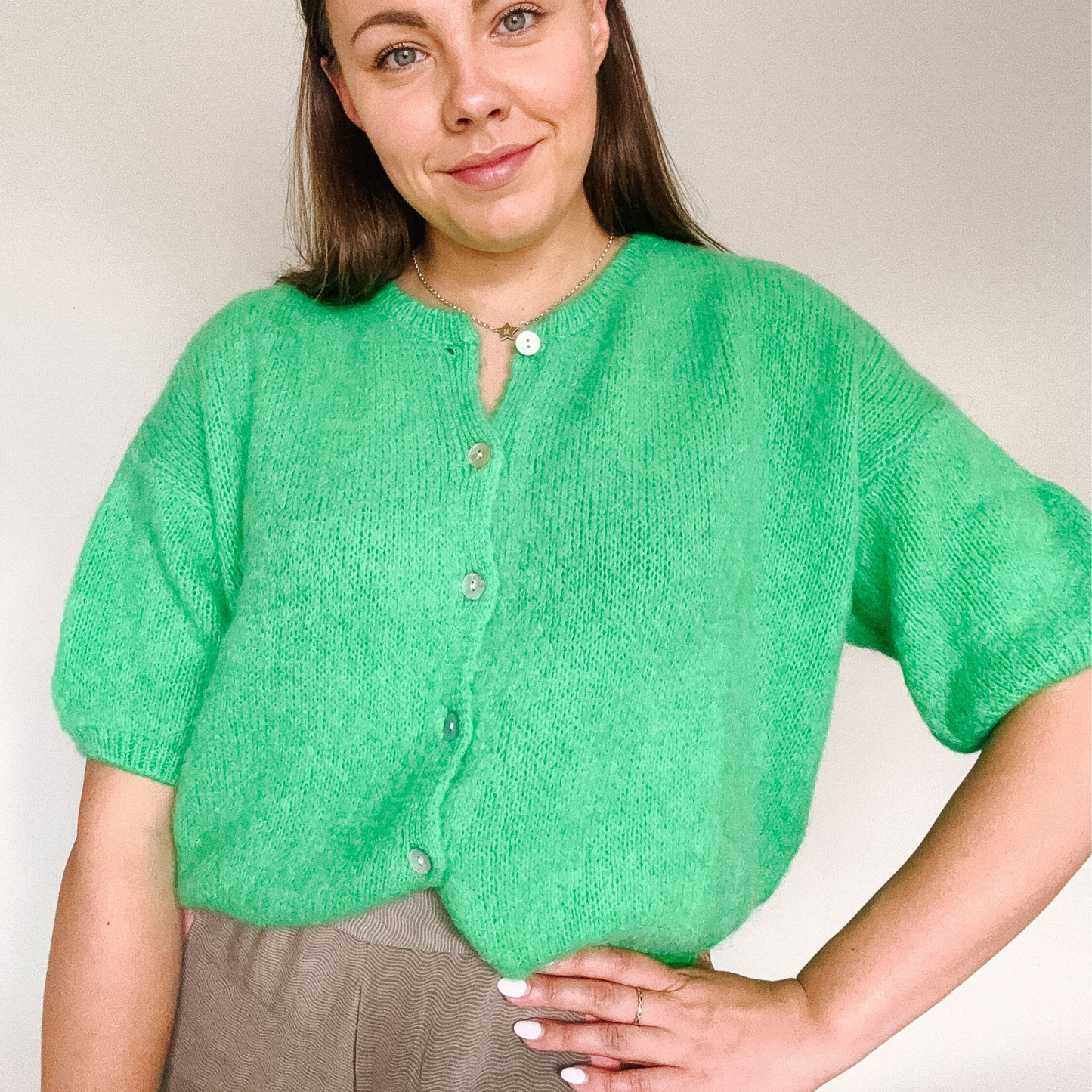 Mohair Blend Cropped Sleeve Cardigan - Emerald Green