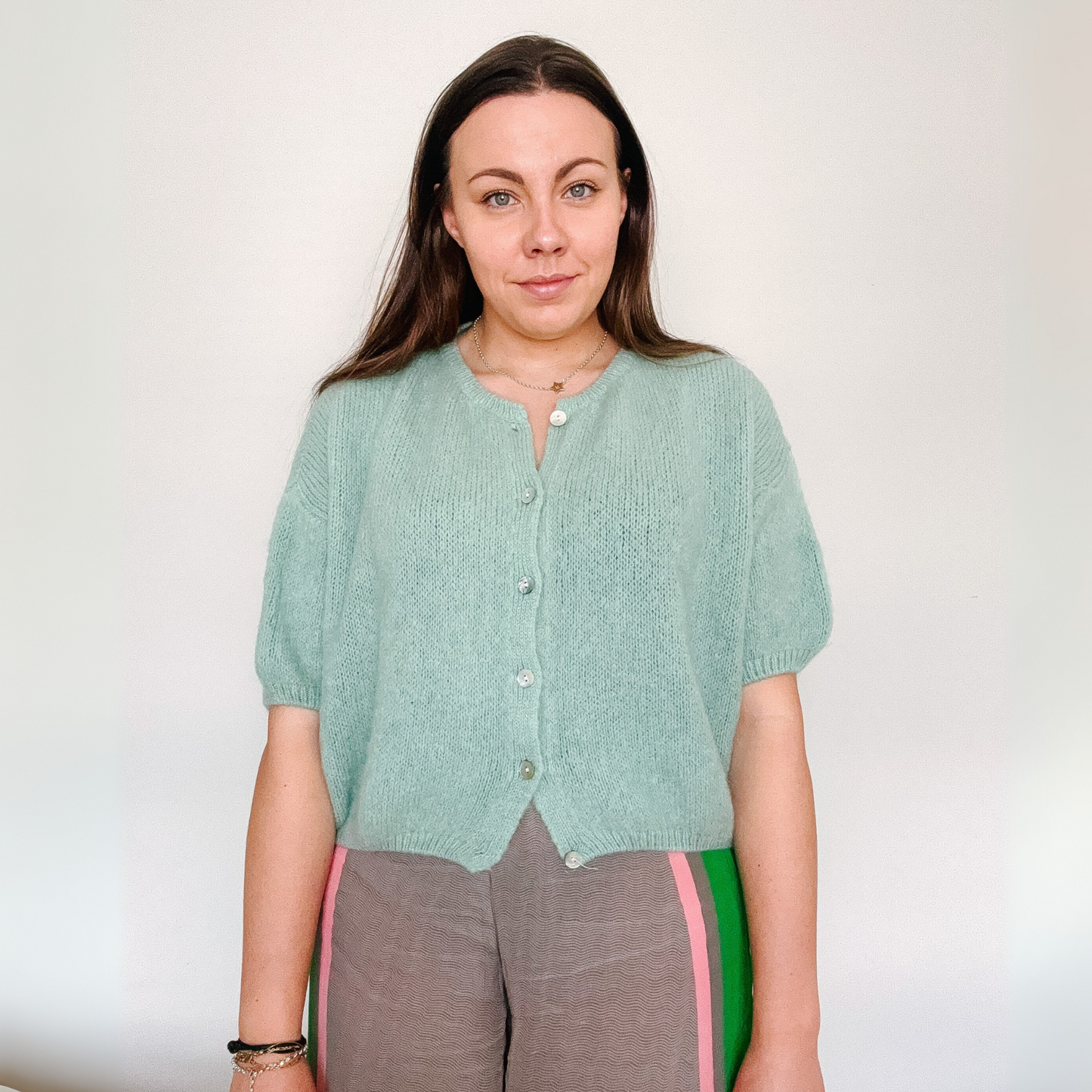 Mohair Blend Cropped Sleeve Cardigan - Sage Green