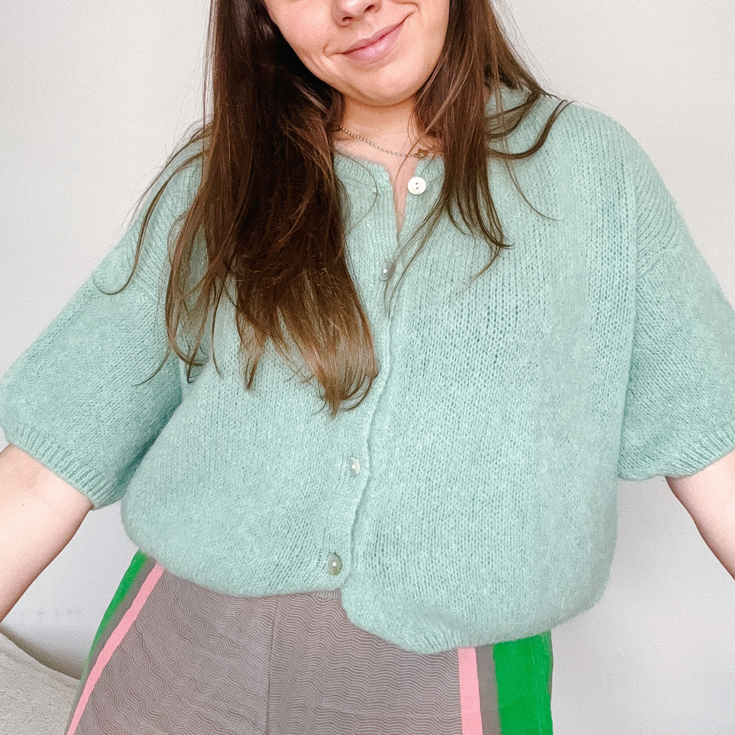 Mohair Blend Cropped Sleeve Cardigan - Sage Green
