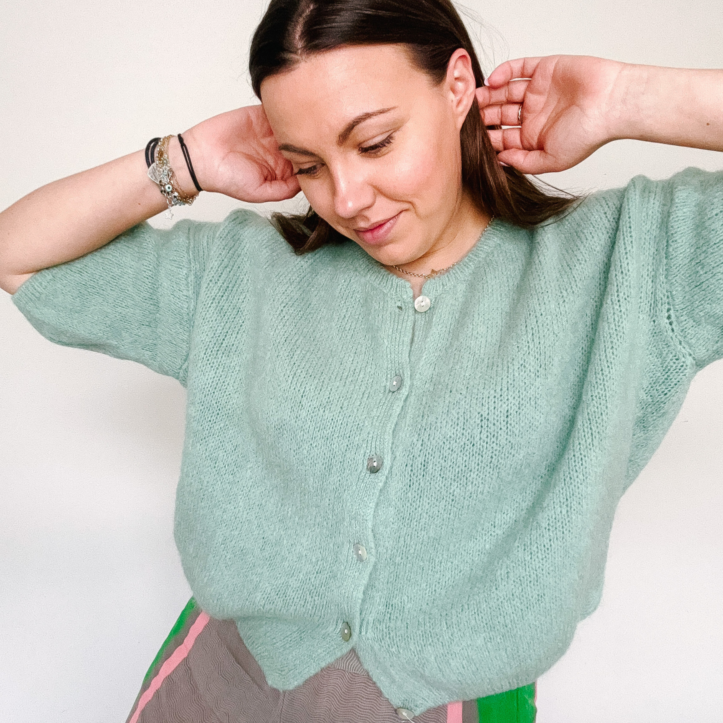 Mohair Blend Cropped Sleeve Cardigan - Sage Green