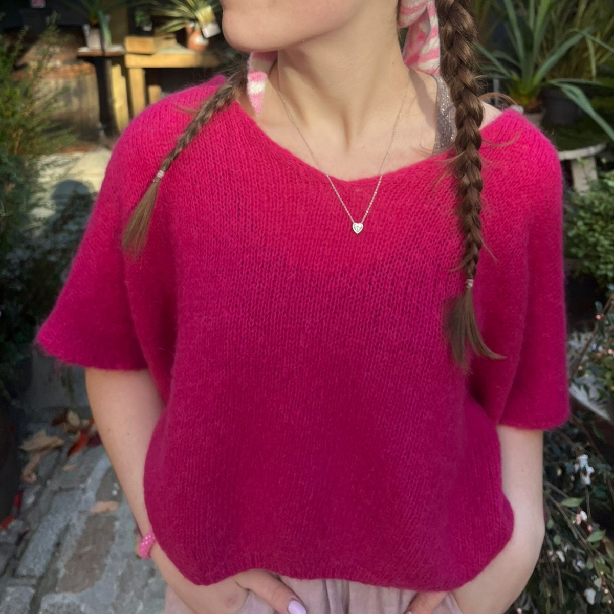 Drop Shoulder Mohair Blend Tank Top - Cerise