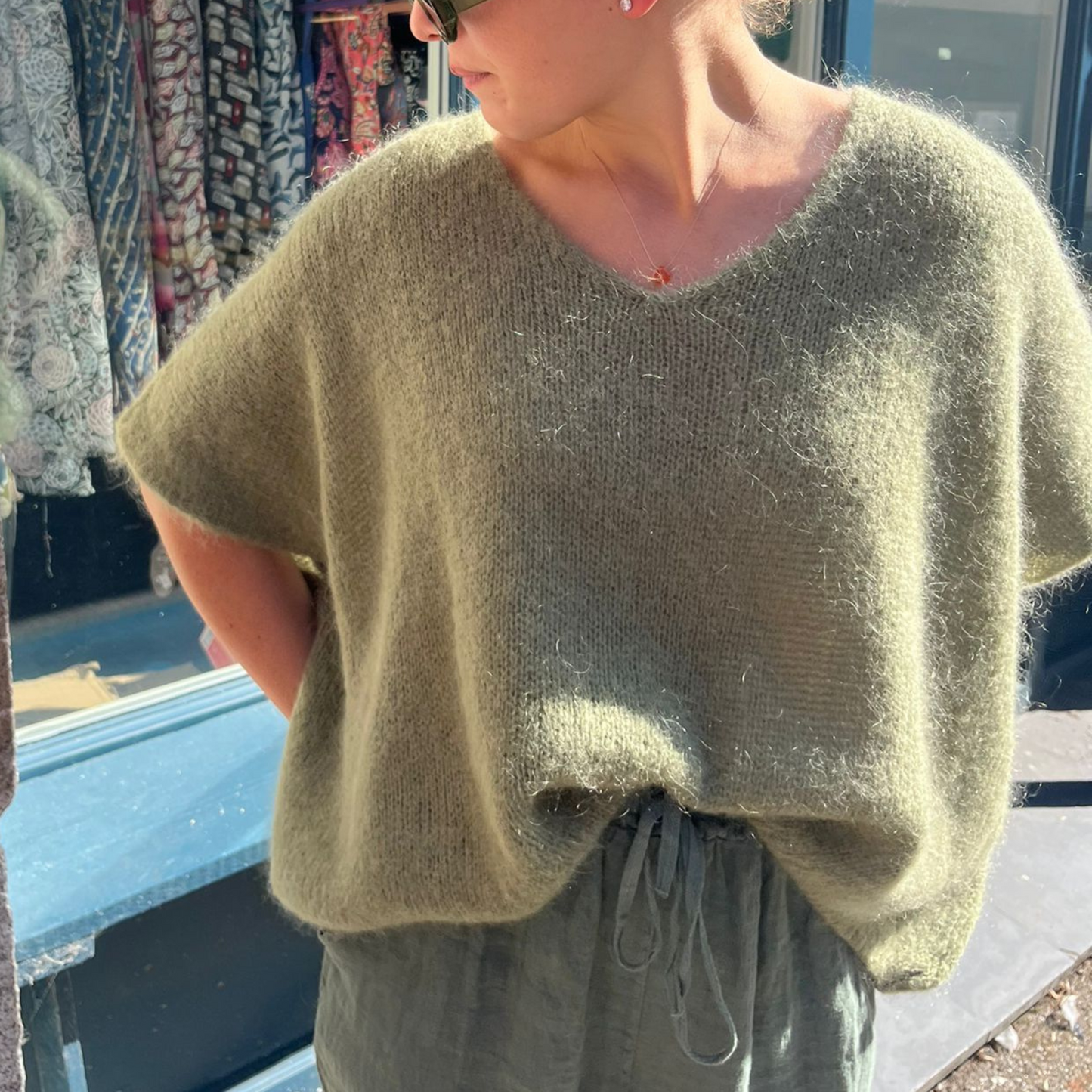 Drop Shoulder Mohair Blend Tank Top - Khaki Green