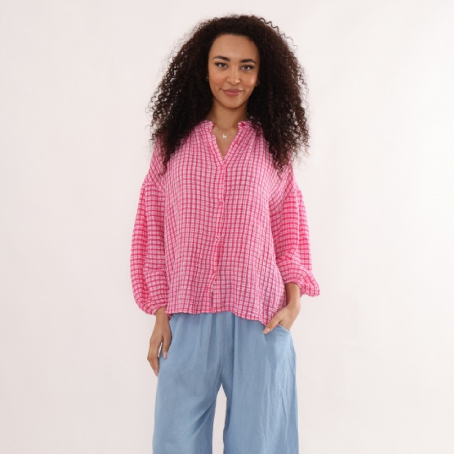 Balloon Sleeve Blouse - Fuchsia Gingham