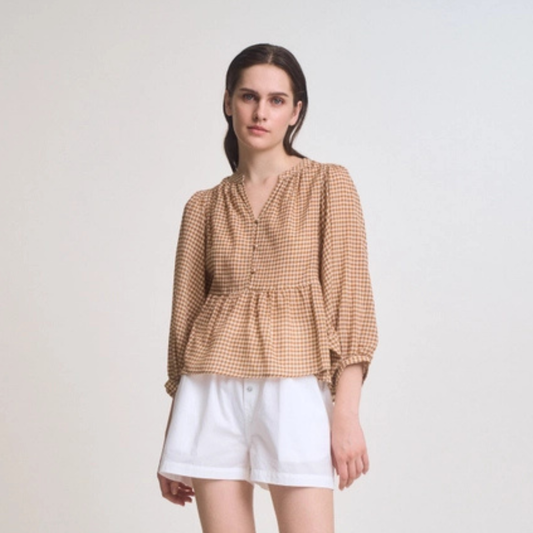 Gingham Balloon Sleeve Blouse - Chai