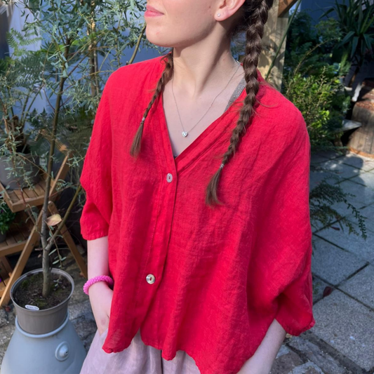 Linen Short Sleeve Button Blouse - Red