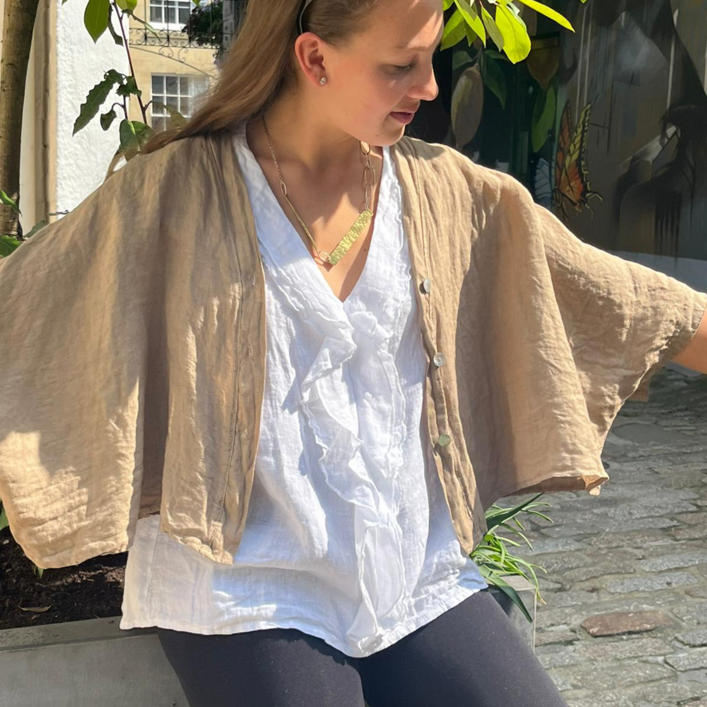 Linen Short Sleeve Button Blouse - Tan Brown