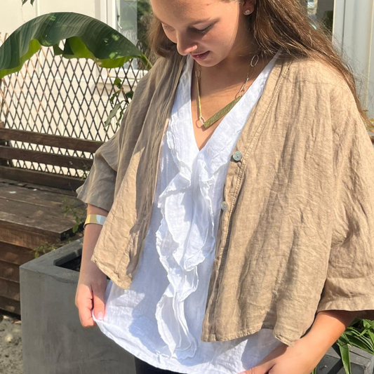 Linen Short Sleeve Button Blouse - Tan Brown