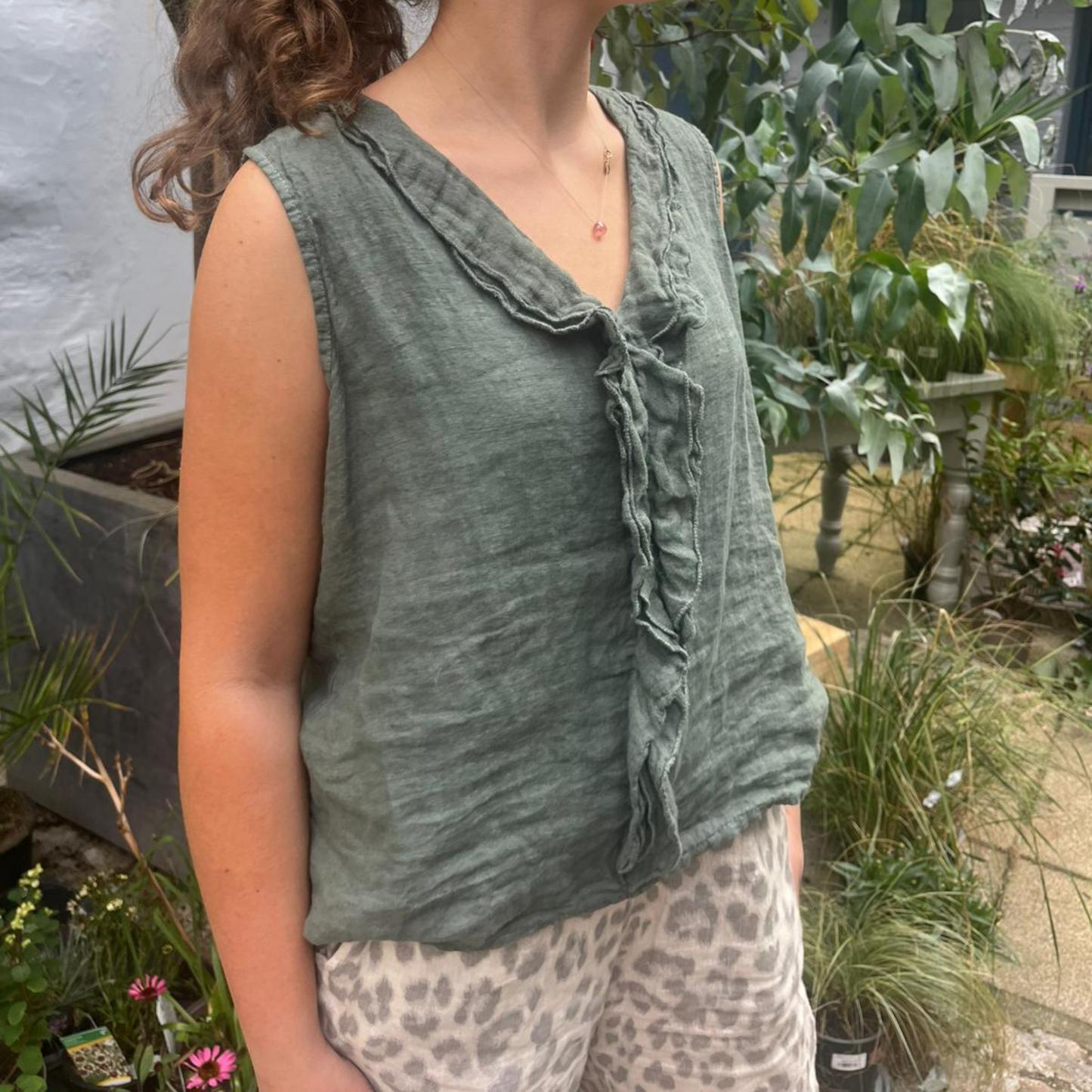 Linen Sleeveless Blouse - Khaki