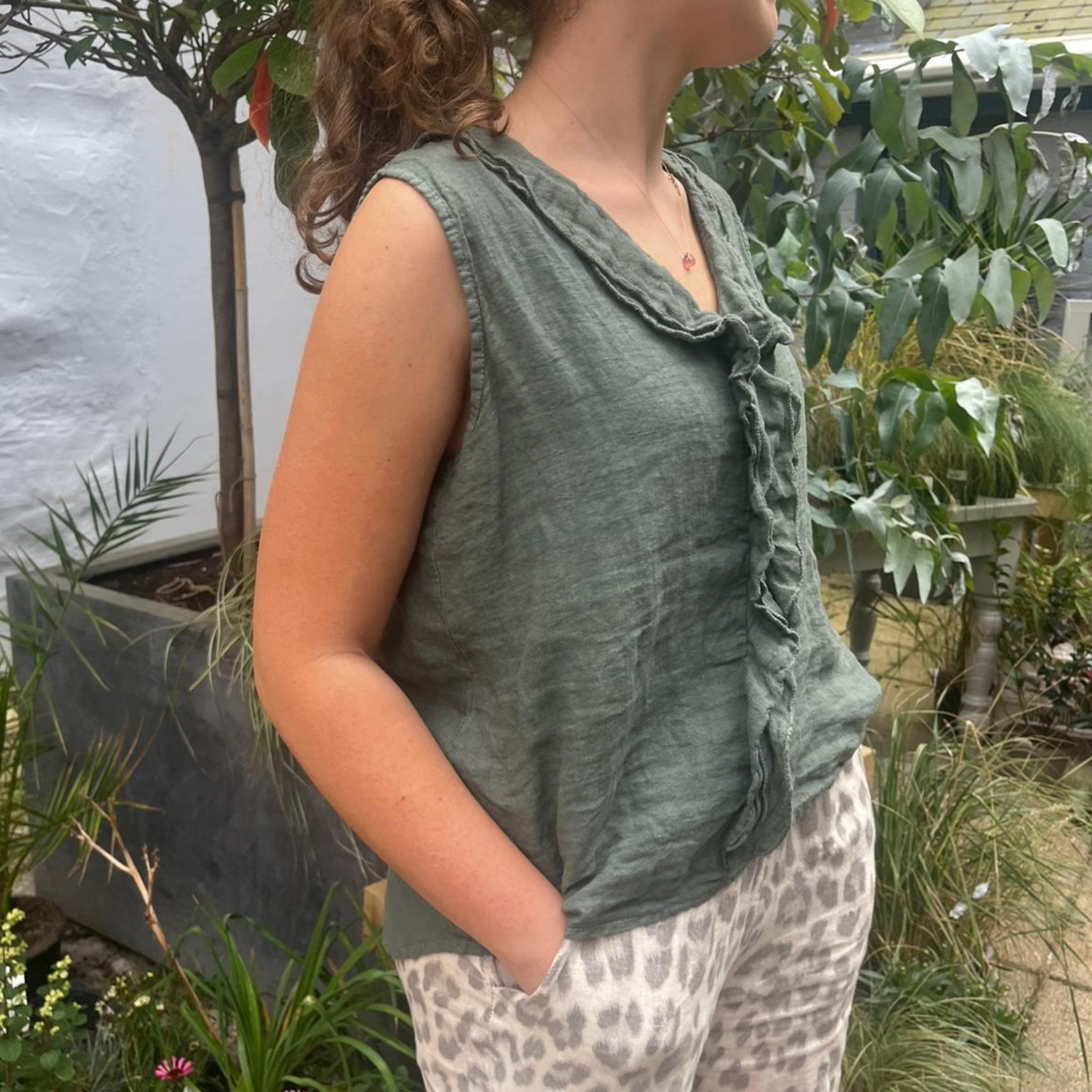 Linen Sleeveless Blouse - Khaki
