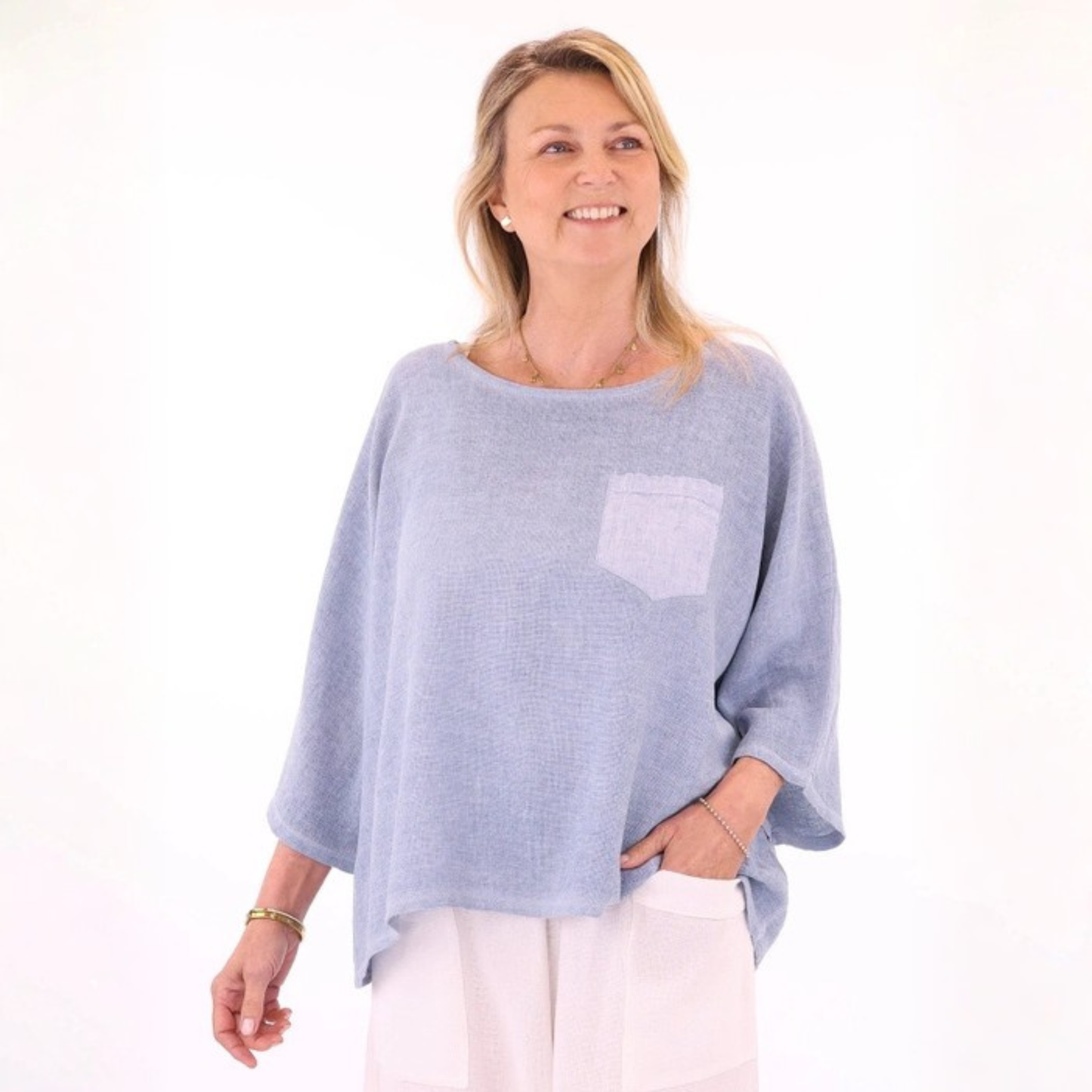 Linen and Cotton Blend Pocket Top - Ice Blue