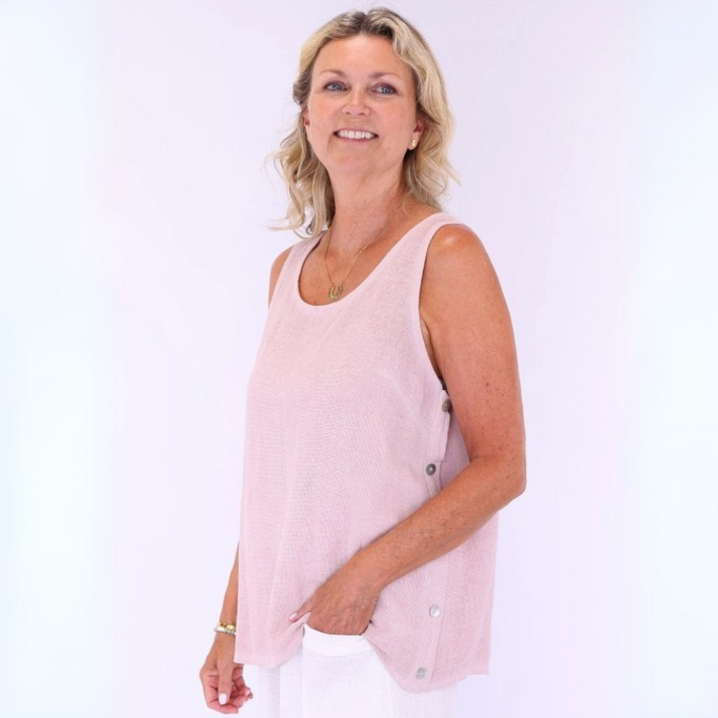 Linen and Cotton Blend Vest Top - Pale Pink