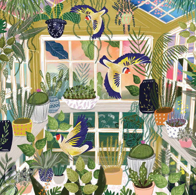 Greetings Card - Goldfinches In The Greenhouse