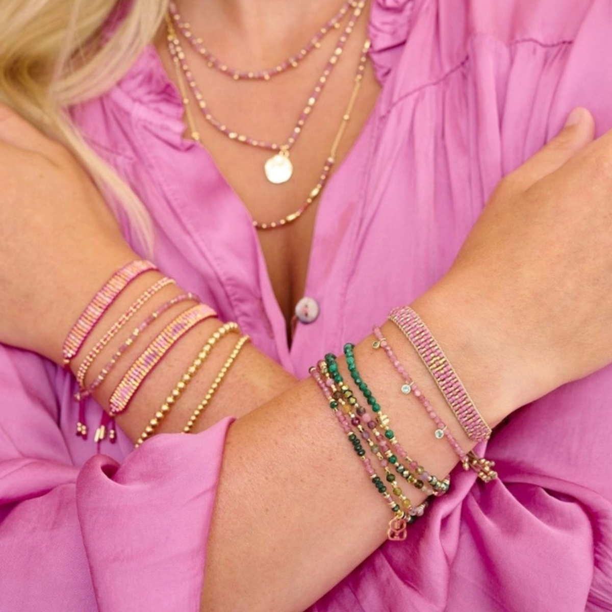 Beaded Friendship Bracelet - Gold & Pink