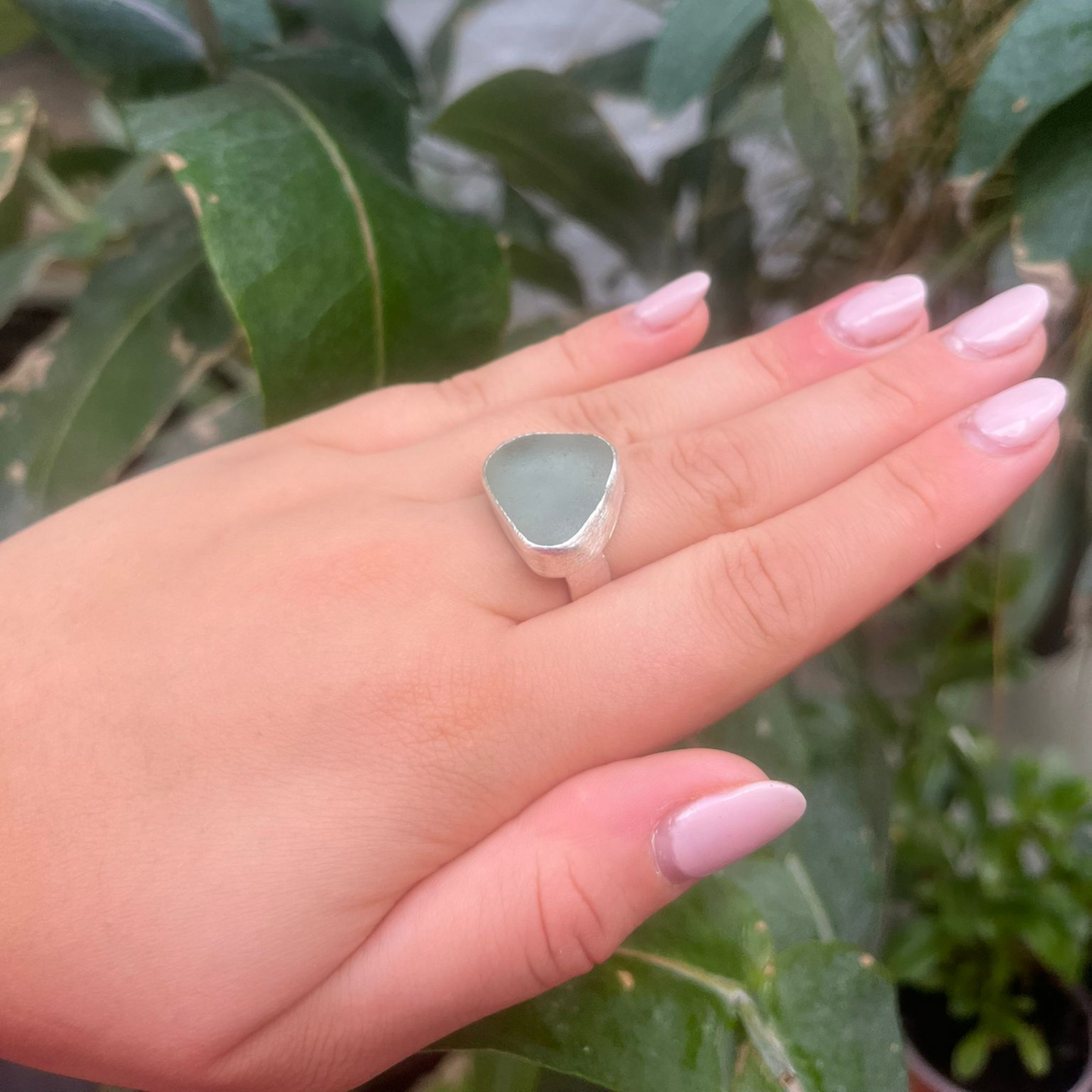 Eco Silver Ring - Pale Green Sea Glass