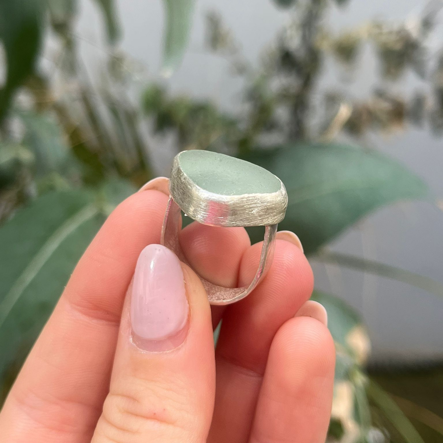 Eco Silver Ring - Pale Green Sea Glass
