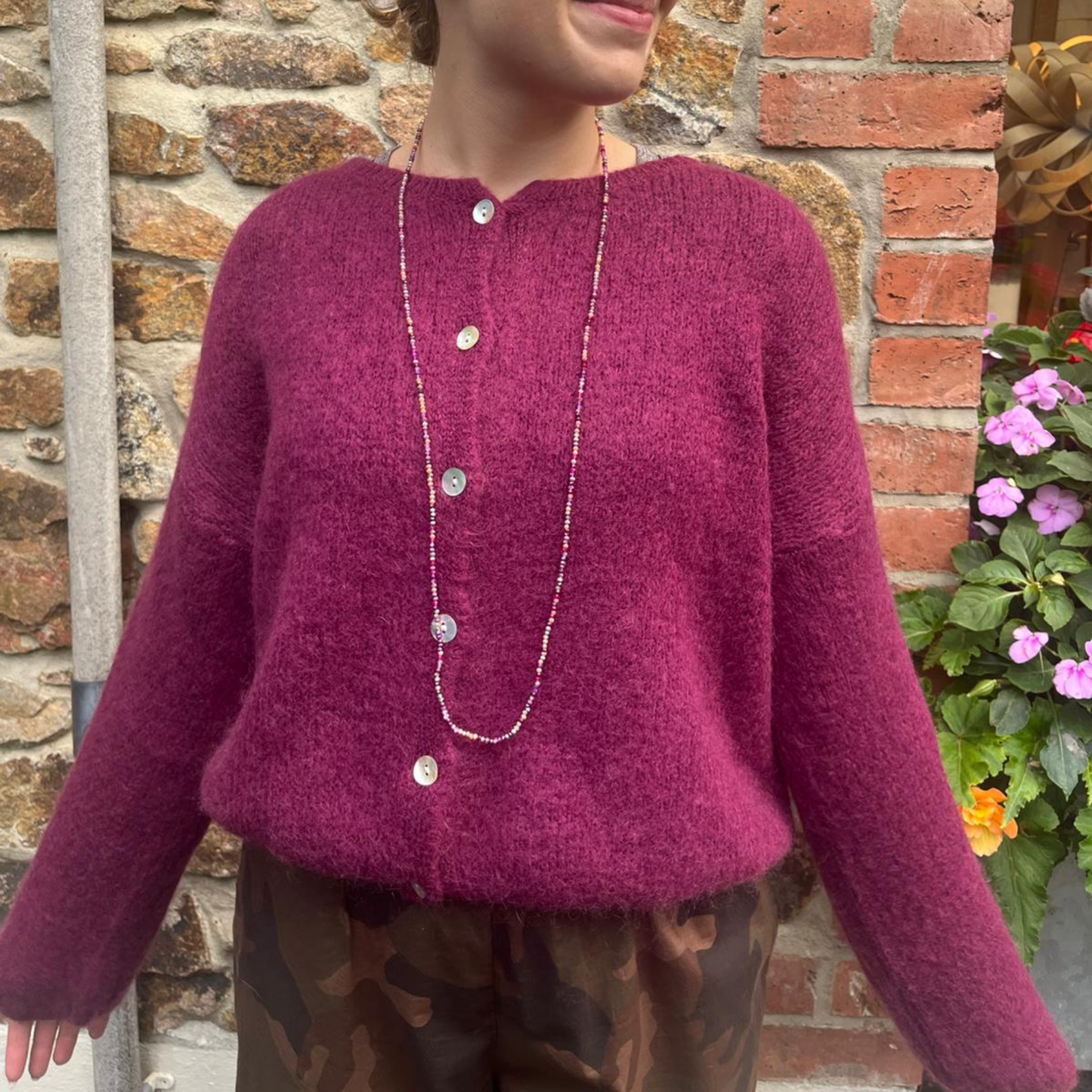 Mohair Blend Button Through Cardigan - Wine