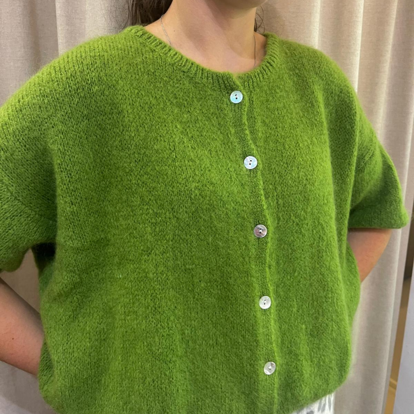 Mohair Blend Cropped Sleeve Cardigan - Apple