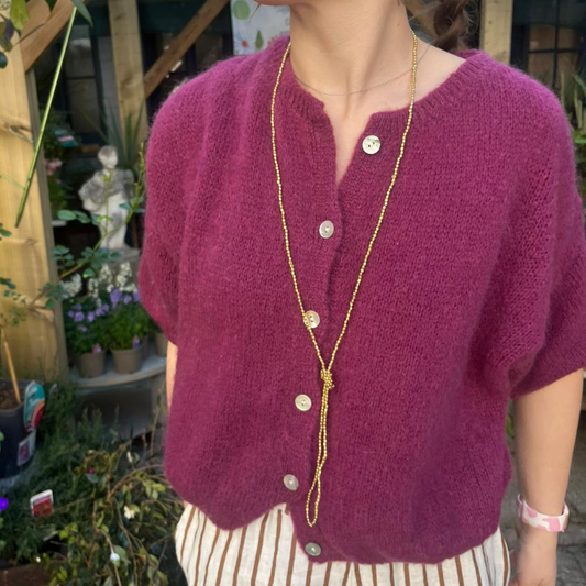 Mohair Blend Cropped Sleeve Cardigan - Aubergine