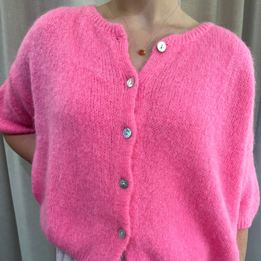 Mohair Blend Cropped Sleeve Cardigan - Barbie Pink