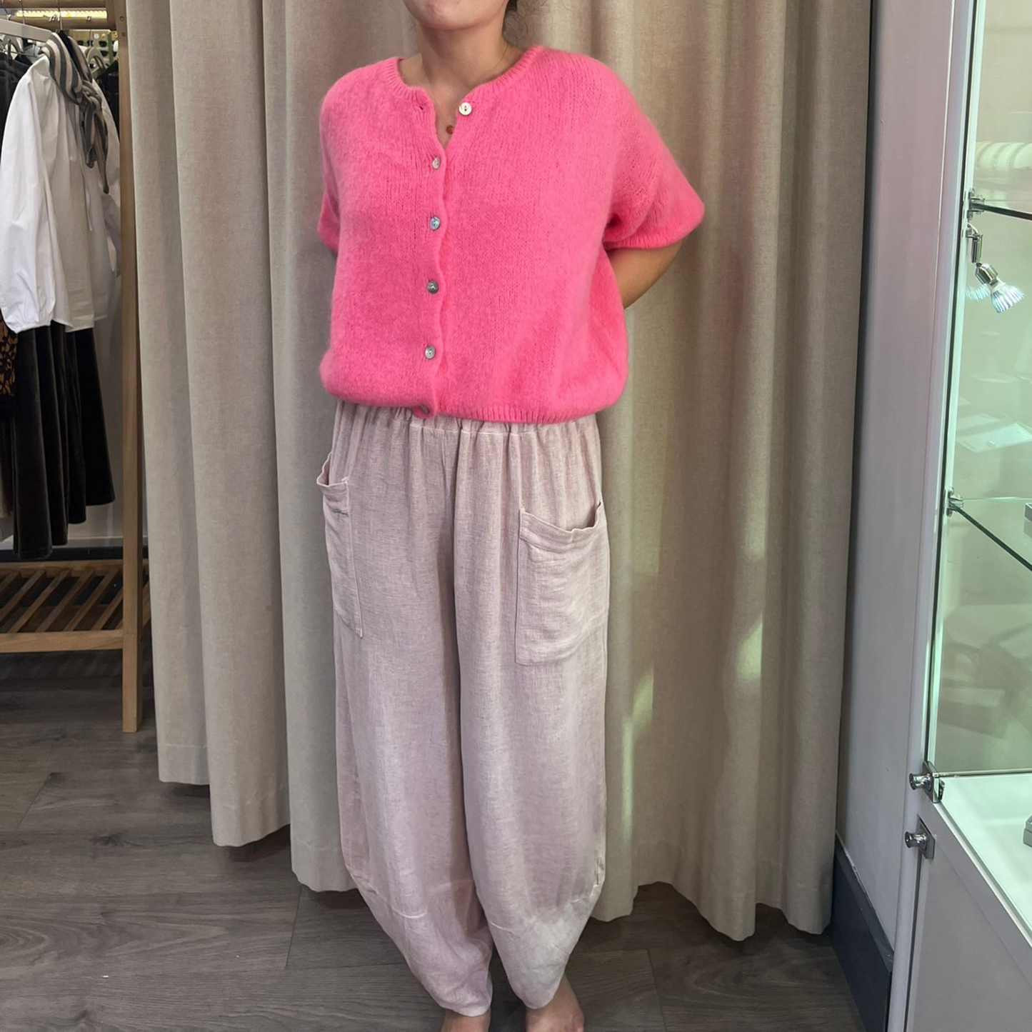 Mohair Blend Cropped Sleeve Cardigan - Barbie Pink