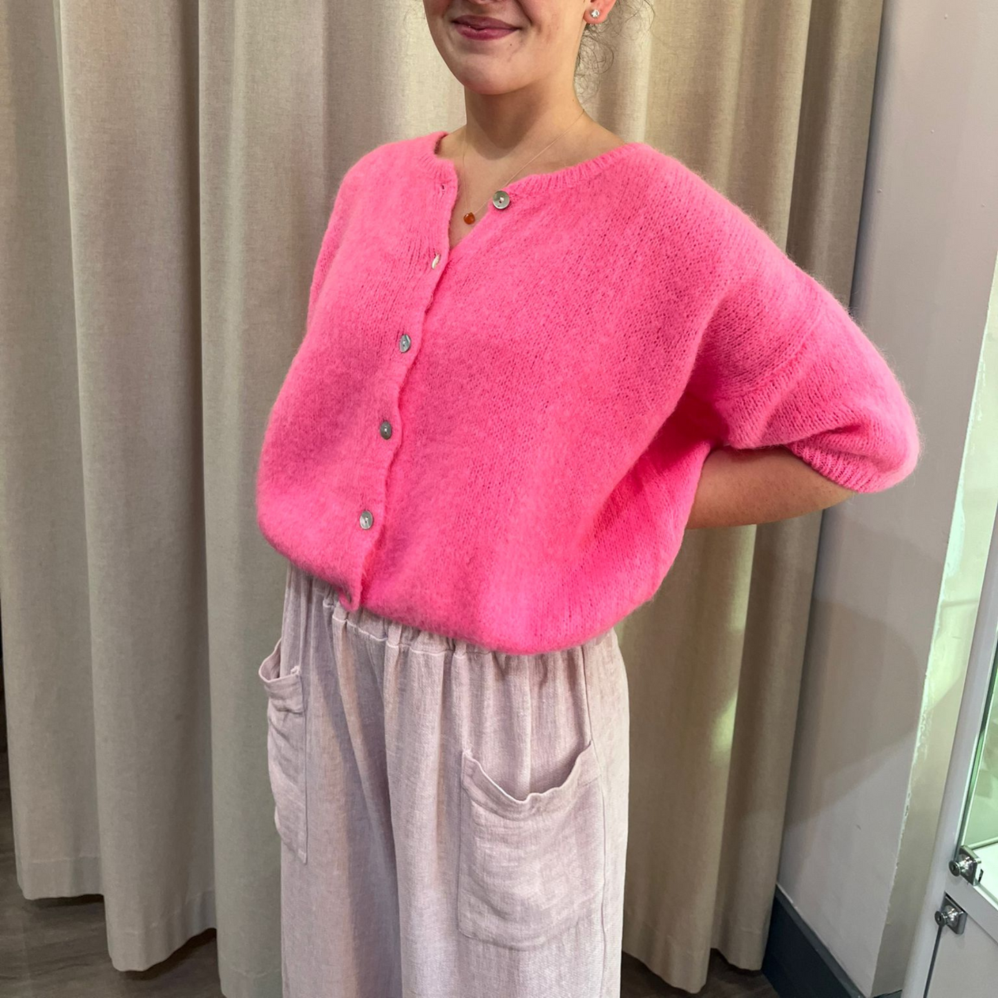 Mohair Blend Cropped Sleeve Cardigan - Barbie Pink