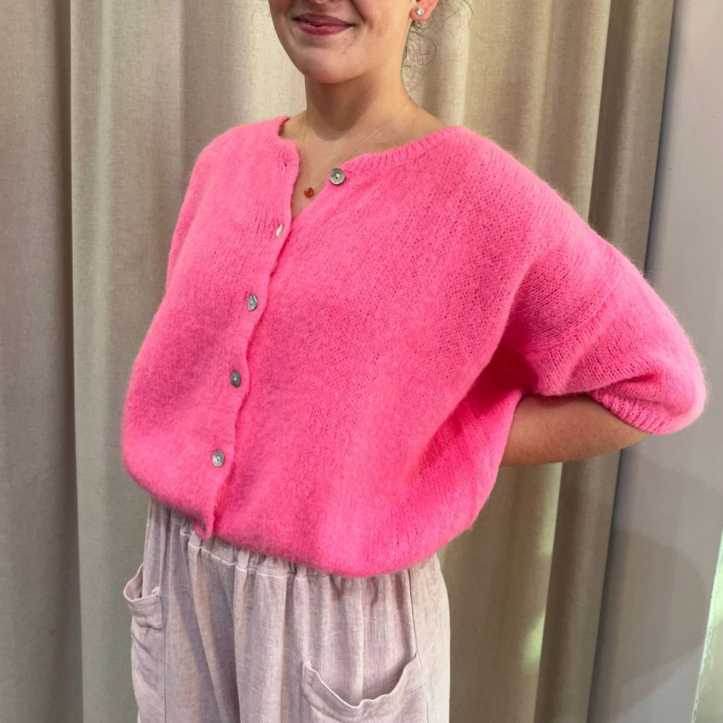 Mohair Blend Cropped Sleeve Cardigan - Barbie Pink
