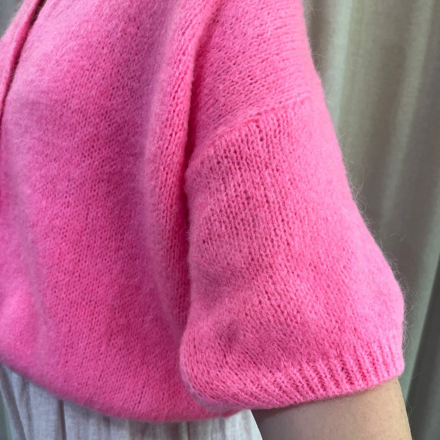 Mohair Blend Cropped Sleeve Cardigan - Barbie Pink