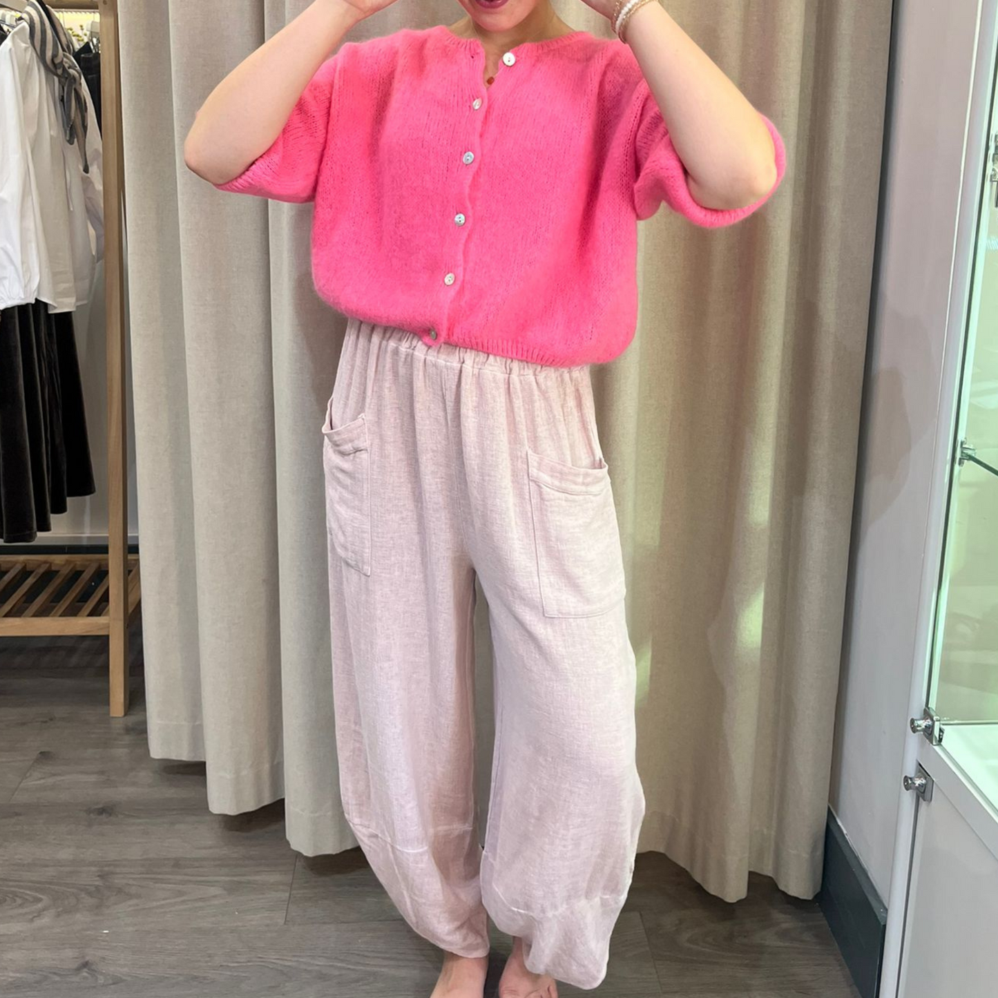 Mohair Blend Cropped Sleeve Cardigan - Barbie Pink