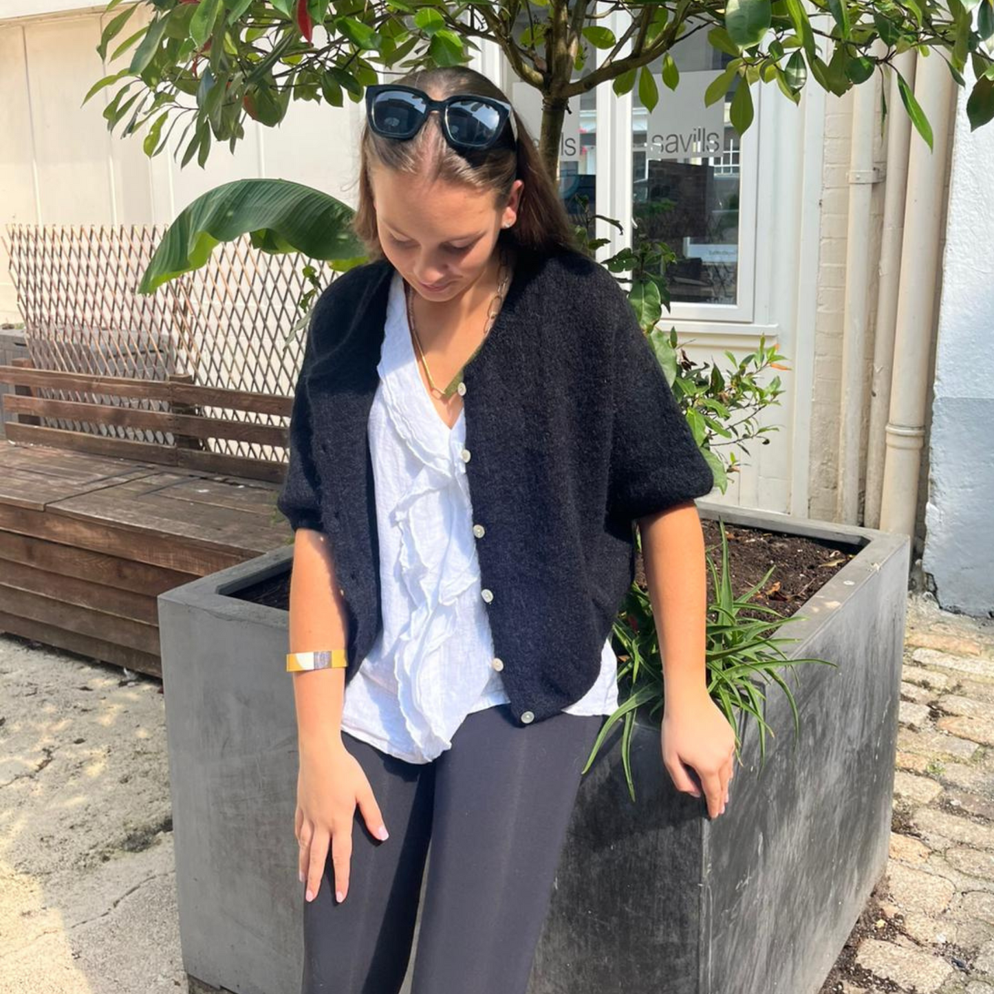 Mohair Blend Cropped Sleeve Cardigan - Black