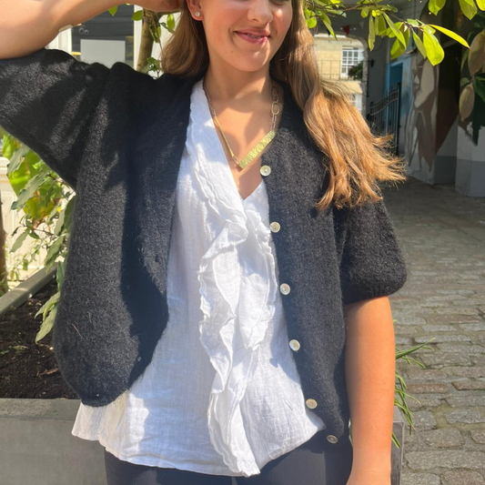 Mohair Blend Cropped Sleeve Cardigan - Black