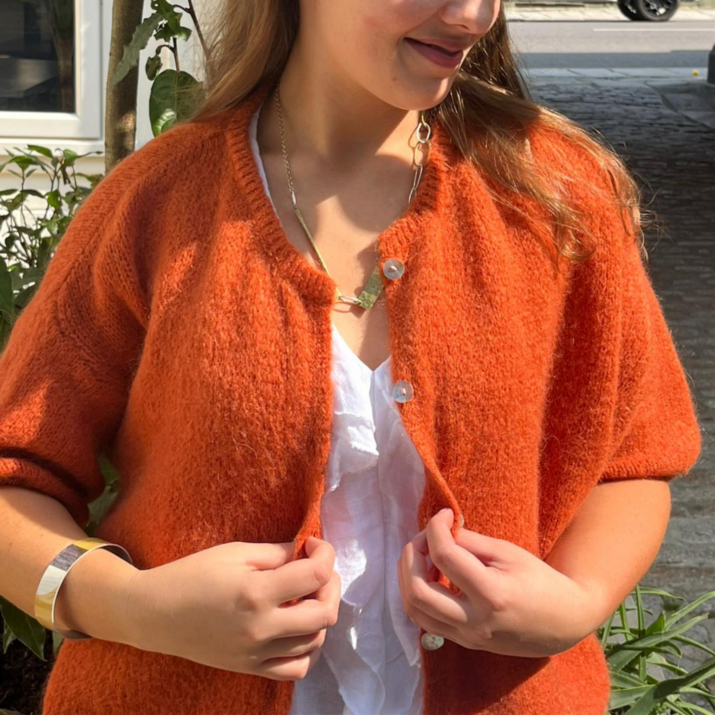 Mohair Blend Cropped Sleeve Cardigan - Burnt Orange
