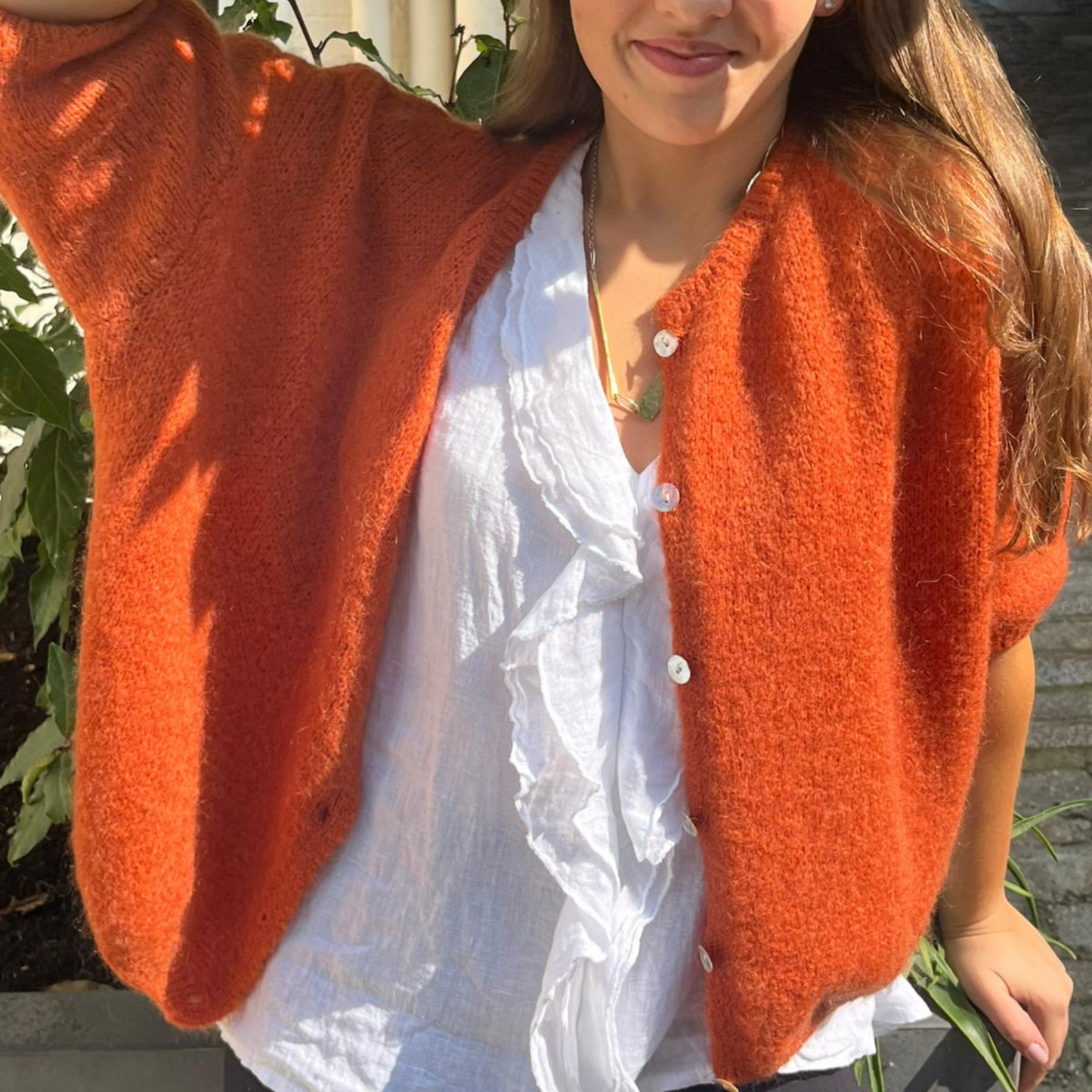 Mohair Blend Cropped Sleeve Cardigan - Burnt Orange