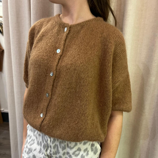 Mohair Blend Cropped Sleeve Cardigan - Camel